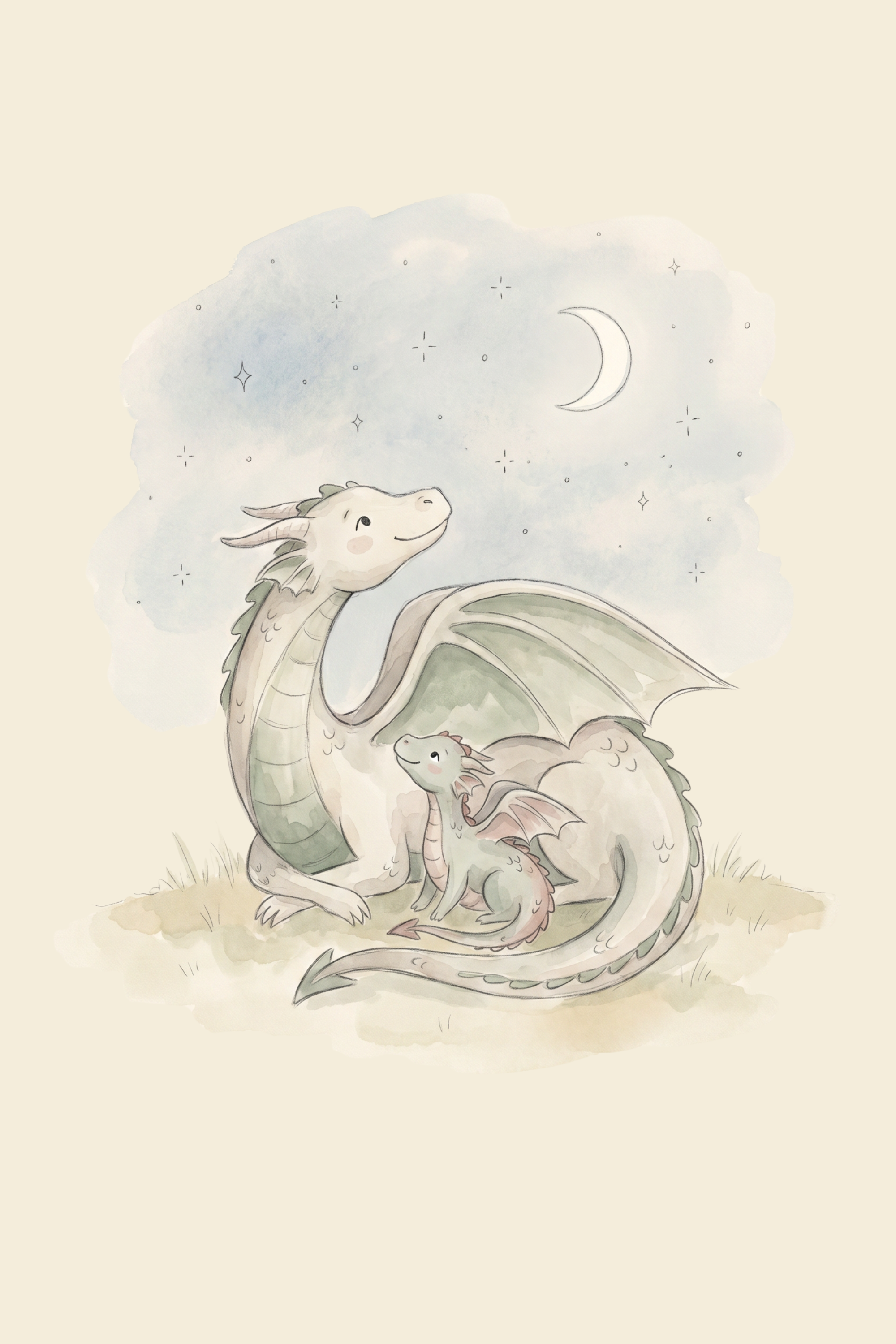 Watercolor Moon Stars Dragon Wall Art - Moonlit Dragon Bond