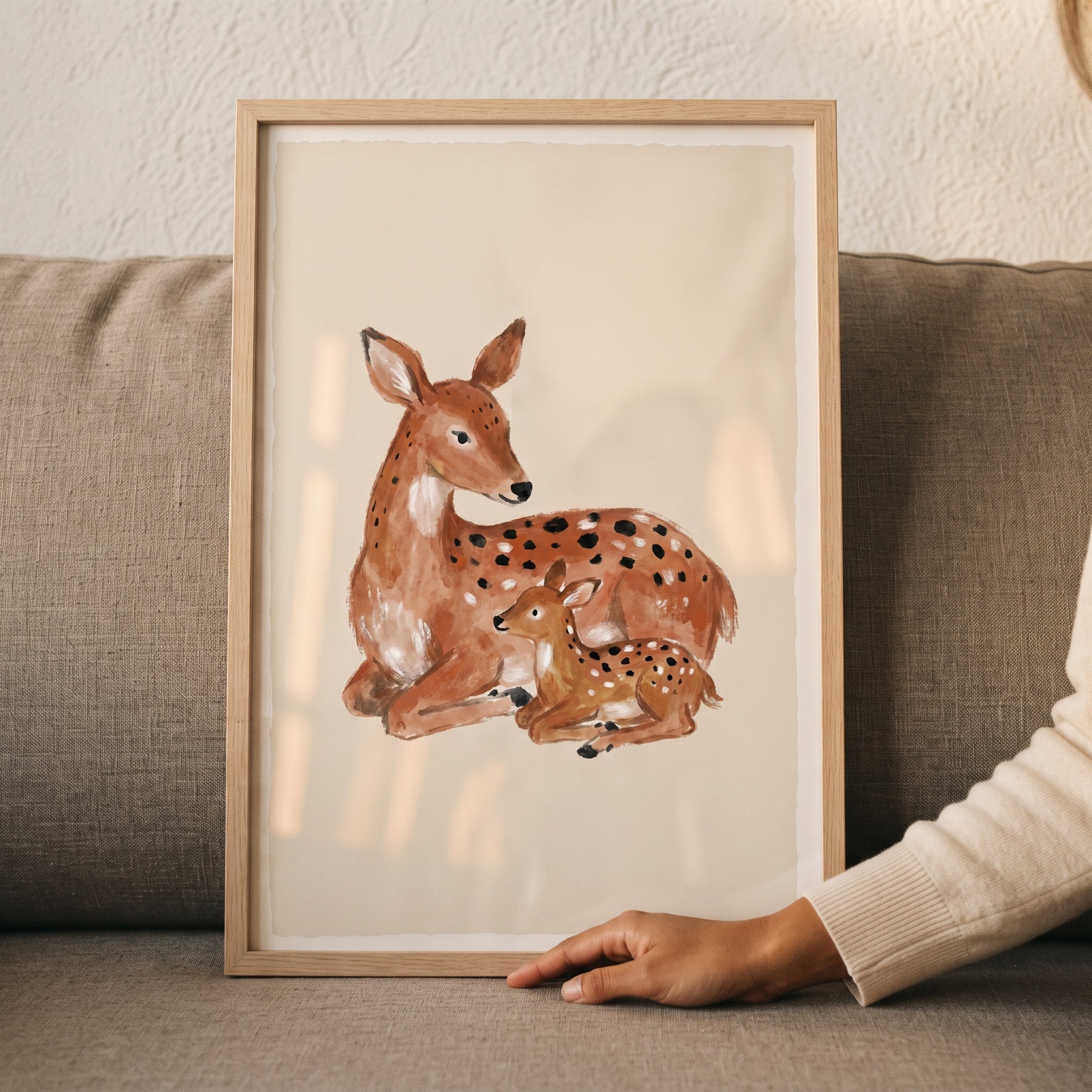 Watercolor Mother Baby Deer Wall Art - Gentle Forest Pair