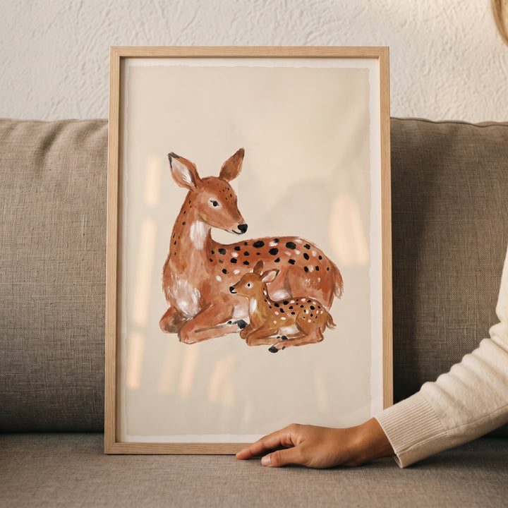 Watercolor mother baby deer wall art in a light wood frame resting on a gray sofa next to a person's hand.