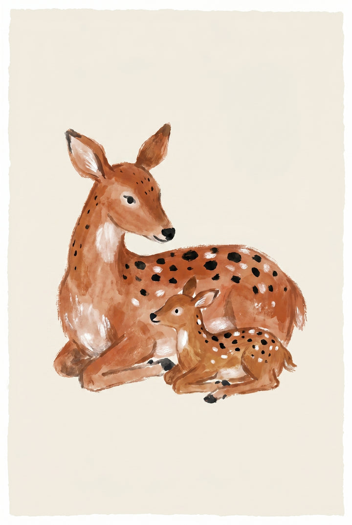 Watercolor mother baby deer wall art featuring a spotted doe and her fawn resting together on cream paper.