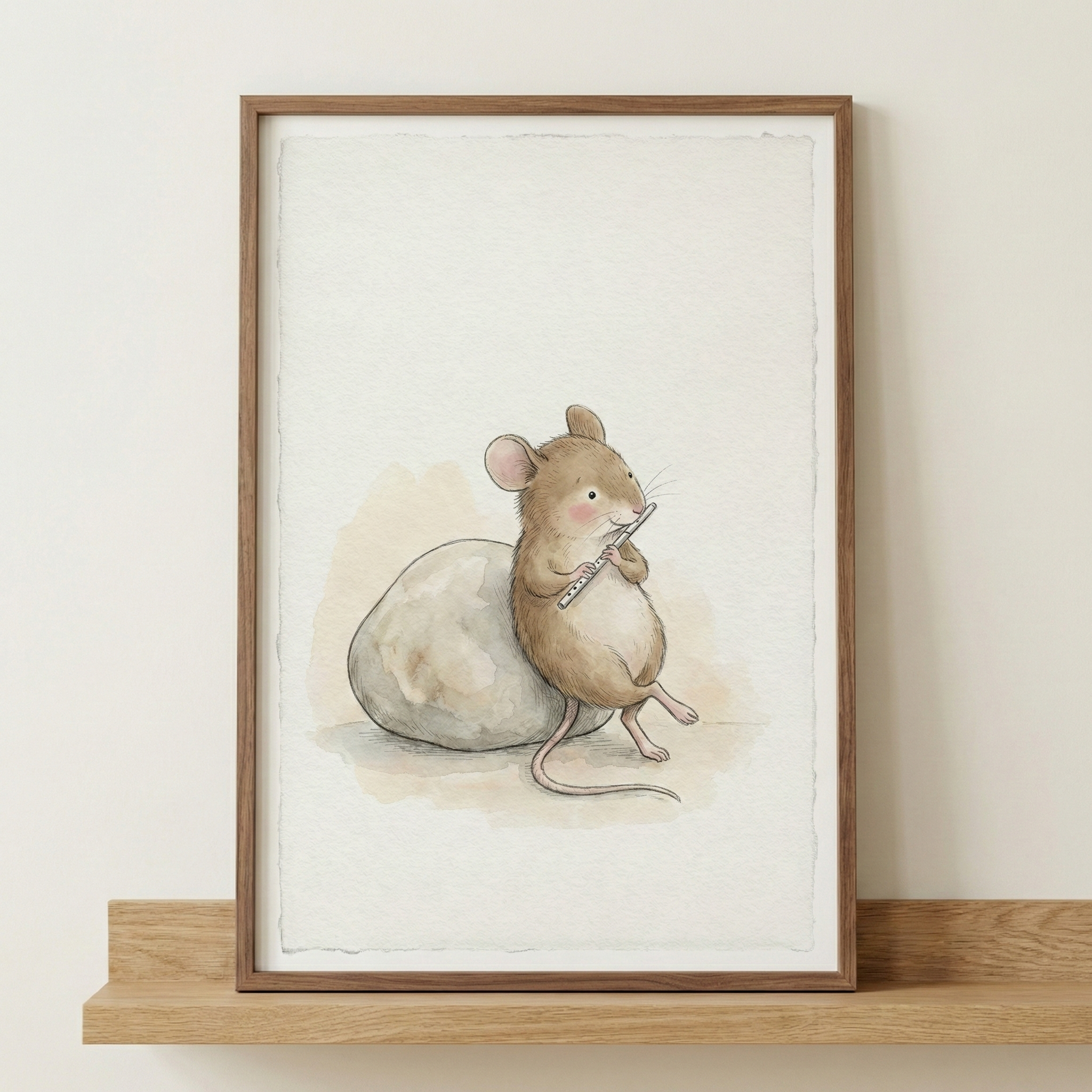 A vertical, framed watercolor artwork features a whimsical, small brown mouse leaning against a smooth, light-colored rock. The mouse is sitting upright, holding a delicate flute to its mouth as if playing a tune. The illustration style is soft and charming, with subtle pencil details and a muted color palette. The piece is set within a simple wooden frame and rests on a matching wooden shelf against a neutral, off-white background.