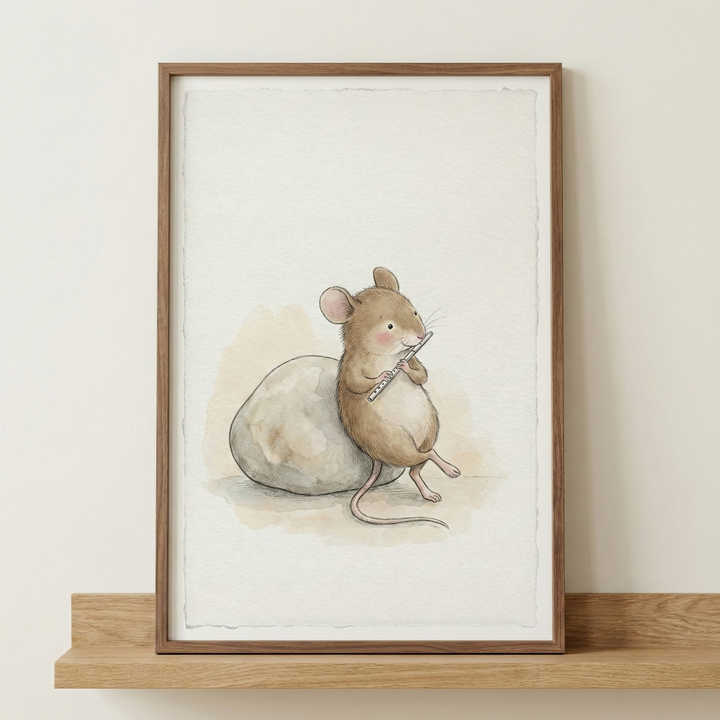 A vertical, framed watercolor artwork features a whimsical, small brown mouse leaning against a smooth, light-colored rock. The mouse is sitting upright, holding a delicate flute to its mouth as if playing a tune. The illustration style is soft and charming, with subtle pencil details and a muted color palette. The piece is set within a simple wooden frame and rests on a matching wooden shelf against a neutral, off-white background.