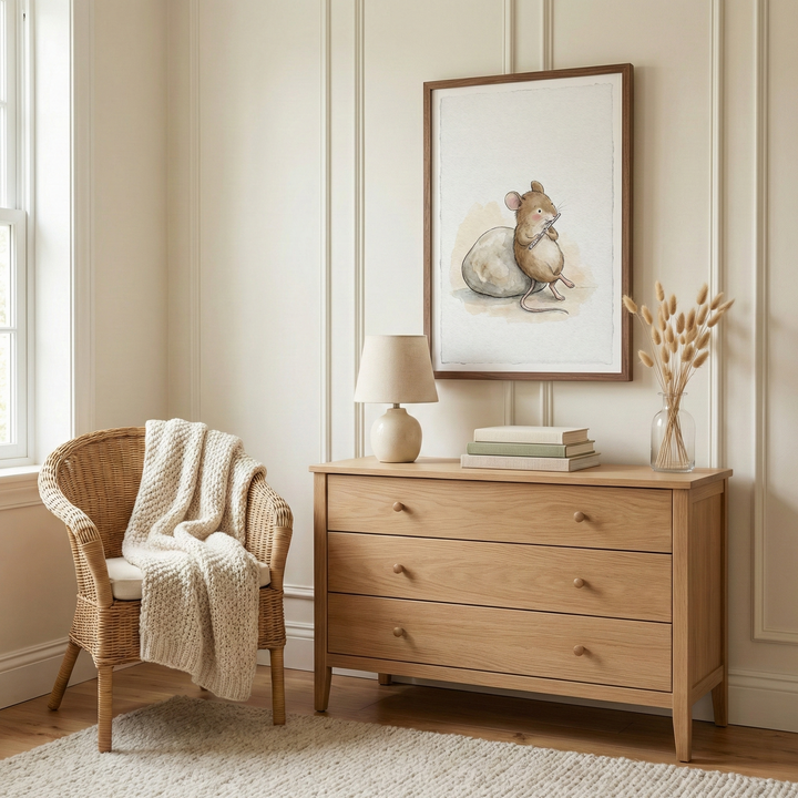 A cozy, warm-toned corner of a room features a light wood three-drawer dresser against a wall with decorative white paneling. Above the dresser hangs a framed artwork in a simple wood frame, showing a watercolor-style illustration of a small brown mouse next to a large grey stone. On the dresser are a cream-colored lamp, a stack of books, and a glass vase with dried botanicals. To the left, a wicker armchair has a thick, cream-colored knitted throw draped over it. A soft, textured rug covers the floor.