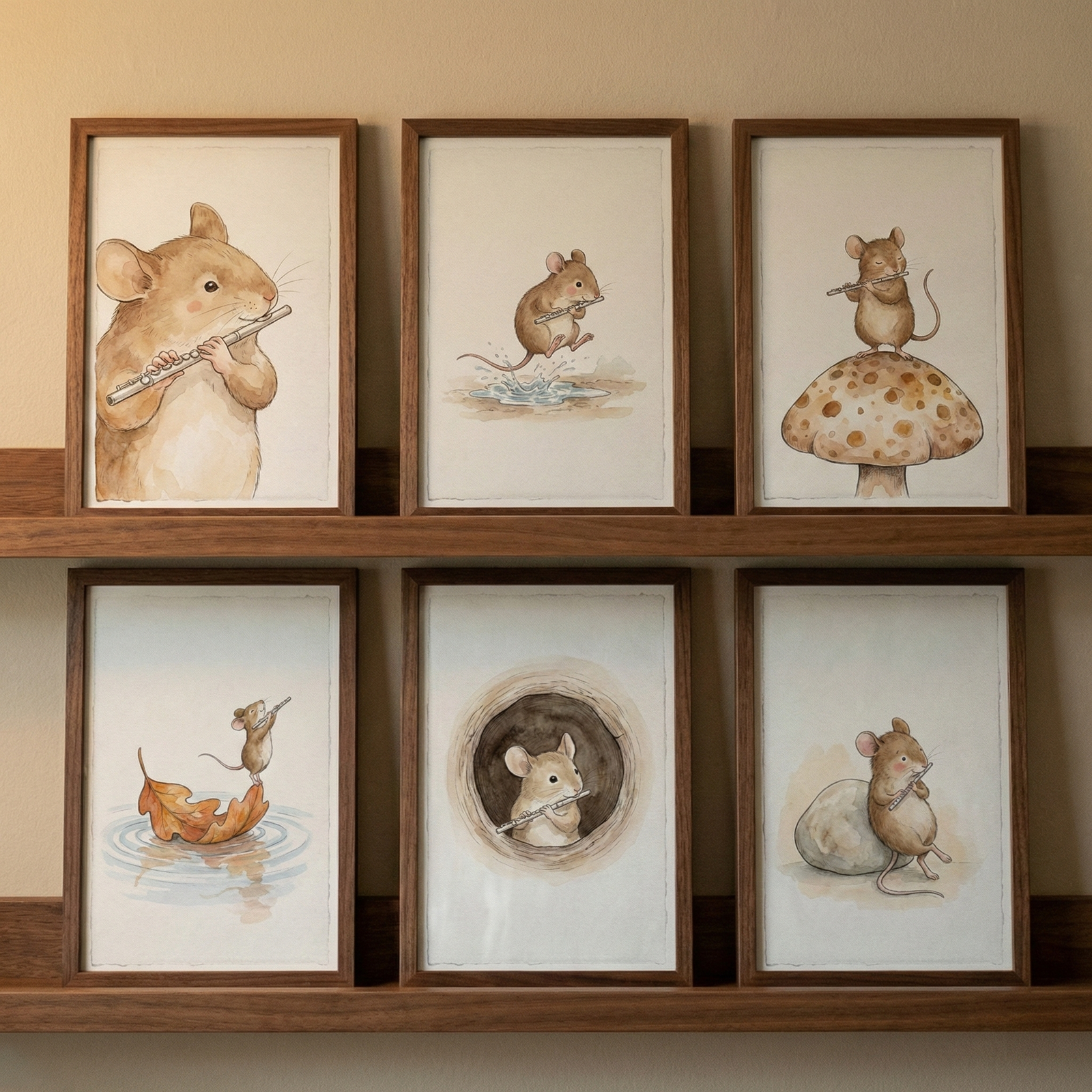 Six framed watercolor-style illustrations of a whimsical brown mouse are arranged on two wooden shelves. Each artwork depicts the mouse interacting with nature while holding or playing a small flute. The scenes include the mouse playing the instrument in a close-up, jumping over a puddle, standing atop a large spotted mushroom, balancing on a floating leaf, peeking from a tree burrow, and resting against a smooth stone. The frames are dark wood, set against a neutral-toned wall.