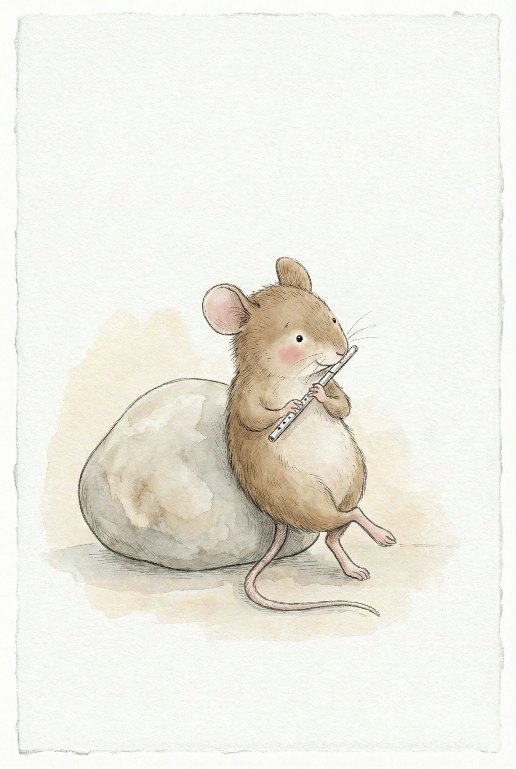 A whimsical watercolor illustration of a small, fluffy brown mouse leaning against a large, rounded grey stone. The mouse has delicate features, including large round ears, rosy cheeks, and fine whiskers. It holds a tiny silver flute to its mouth with its small paws, seemingly playing music. Its long, slender tail curves gracefully along the ground. The artwork uses soft colors and fine ink lines on a textured, off-white background, creating a gentle and charming scene.