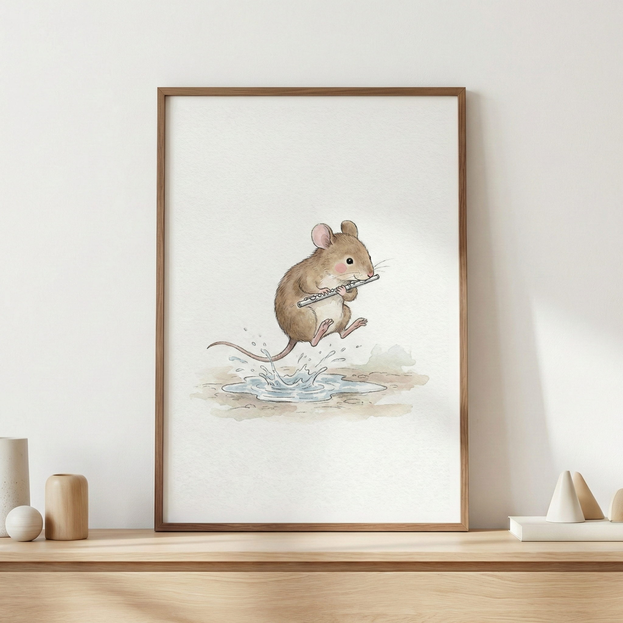 A framed watercolor illustration shows a small brown mouse mid-leap over a light blue puddle. The mouse is playing a silver flute, its cheeks slightly puffed. Tiny splashes of water are depicted beneath its feet. The artwork features soft, earthy tones and is centered on a clean white background. It is housed in a thin brown wooden frame, which leans against a plain wall on a wooden shelf. Nearby on the shelf are minimalist wooden decorative objects in geometric shapes.