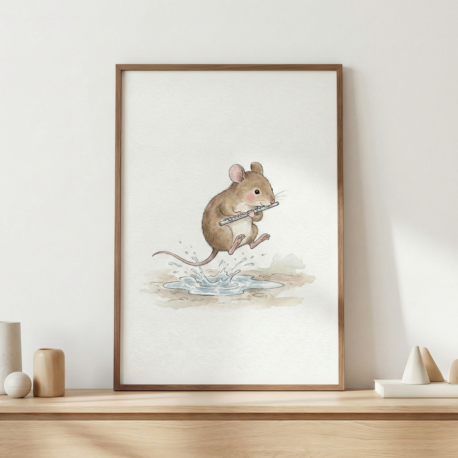 A framed watercolor illustration shows a small brown mouse mid-leap over a light blue puddle. The mouse is playing a silver flute, its cheeks slightly puffed. Tiny splashes of water are depicted beneath its feet. The artwork features soft, earthy tones and is centered on a clean white background. It is housed in a thin brown wooden frame, which leans against a plain wall on a wooden shelf. Nearby on the shelf are minimalist wooden decorative objects in geometric shapes.
