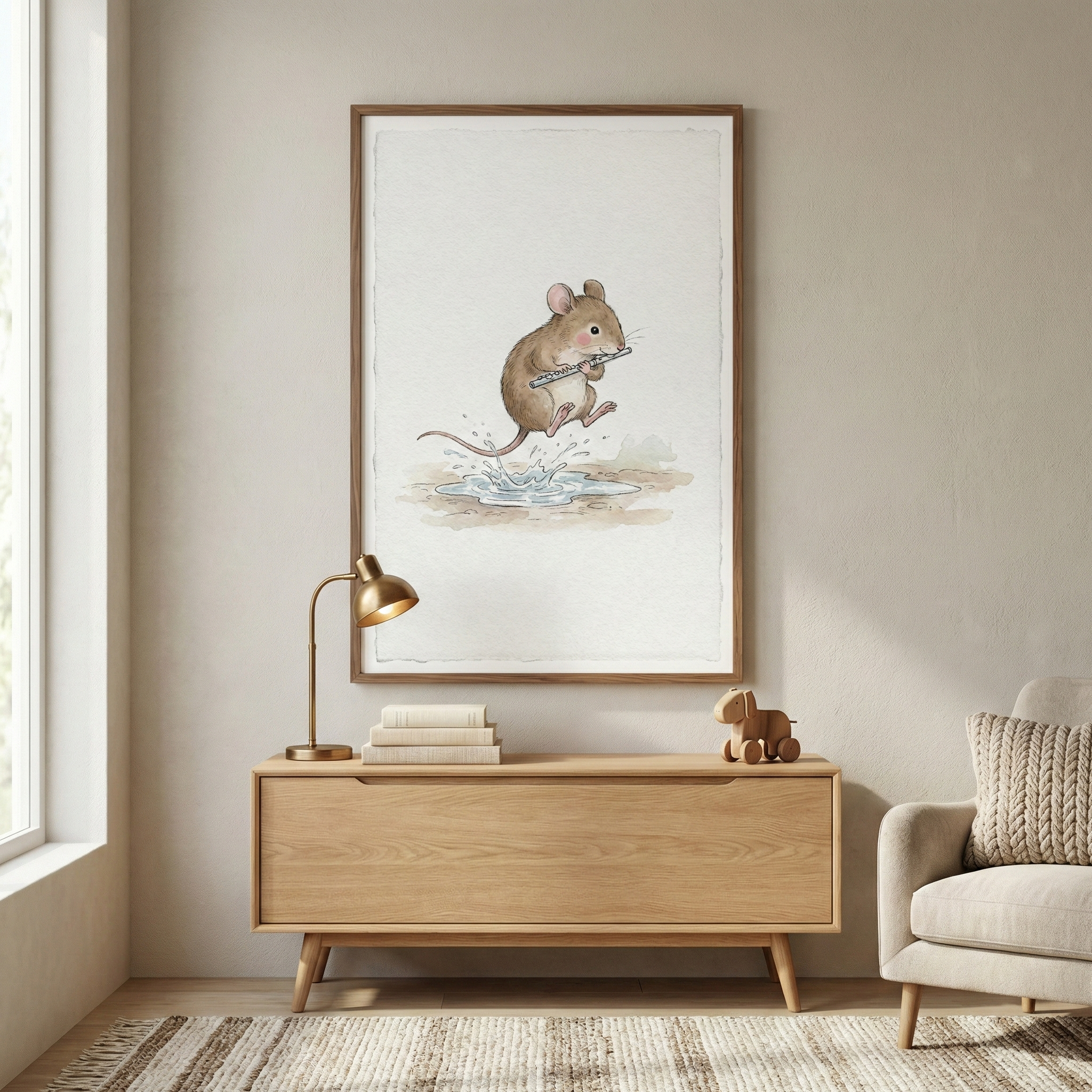 A framed vertical illustration hangs on a neutral beige wall above a light-colored wooden console table. The illustration features a small, brown cartoon mouse in mid-air, playing a flute while jumping over a small blue water puddle. On the table below, there is a small gold lamp, a stack of books, and a simple wooden toy. To the right, part of a cream-colored armchair with a textured pillow is visible. The floor is covered by a light-colored woven rug with subtle stripes.
