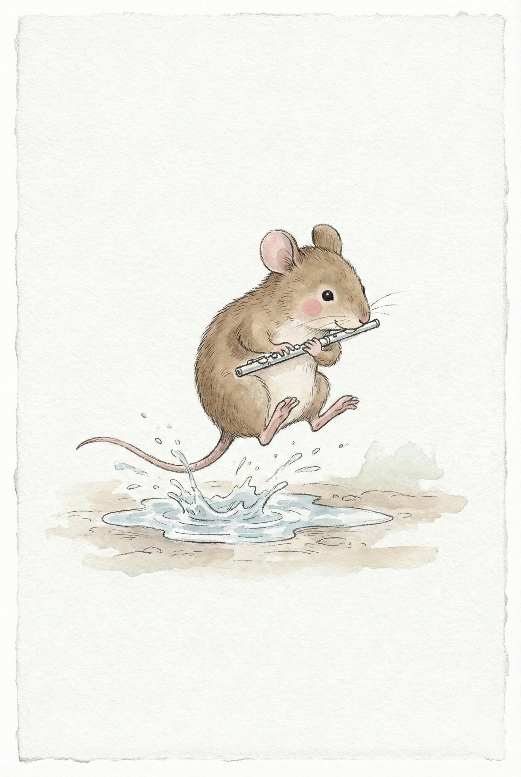 A whimsical watercolor-style illustration of a small brown mouse mid-leap over a puddle. The mouse has soft fur, pink ears, and rosy cheeks, and it is holding a silver flute to its mouth as if playing a tune. Below its feet, water splashes up from a small pool on the ground. The scene is set against a plain, textured off-white background with ragged, deckled edges, giving it the appearance of a delicate storybook image.