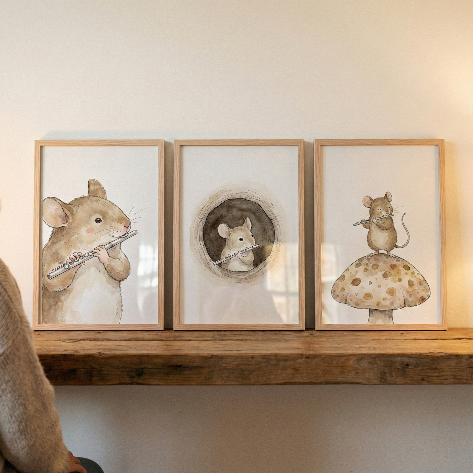 Three wooden-framed watercolor-style illustrations rest side-by-side on a thick, rustic wooden shelf against a plain light wall. Each piece depicts a small, cute light brown mouse playing a flute. The left frame features a close-up side profile. The middle frame shows a mouse looking out from a circular earthen burrow. The right frame portrays a mouse standing atop a large, speckled mushroom cap. The artwork has a soft, whimsical feel. A person in a tan knit sweater is partially visible on the left.