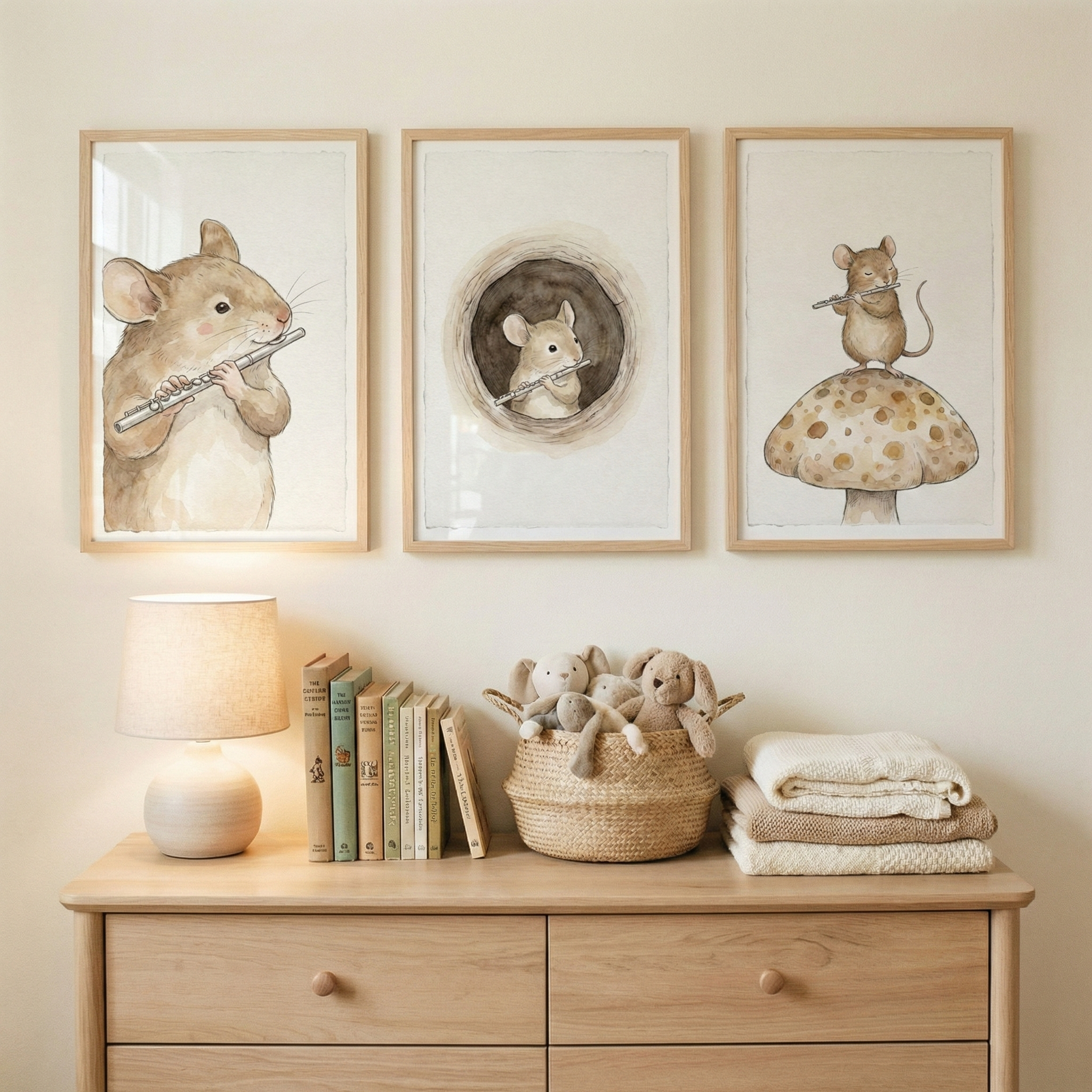 Nursery Mouse Wall Art Set Of 3 - Musical Mouse Trio