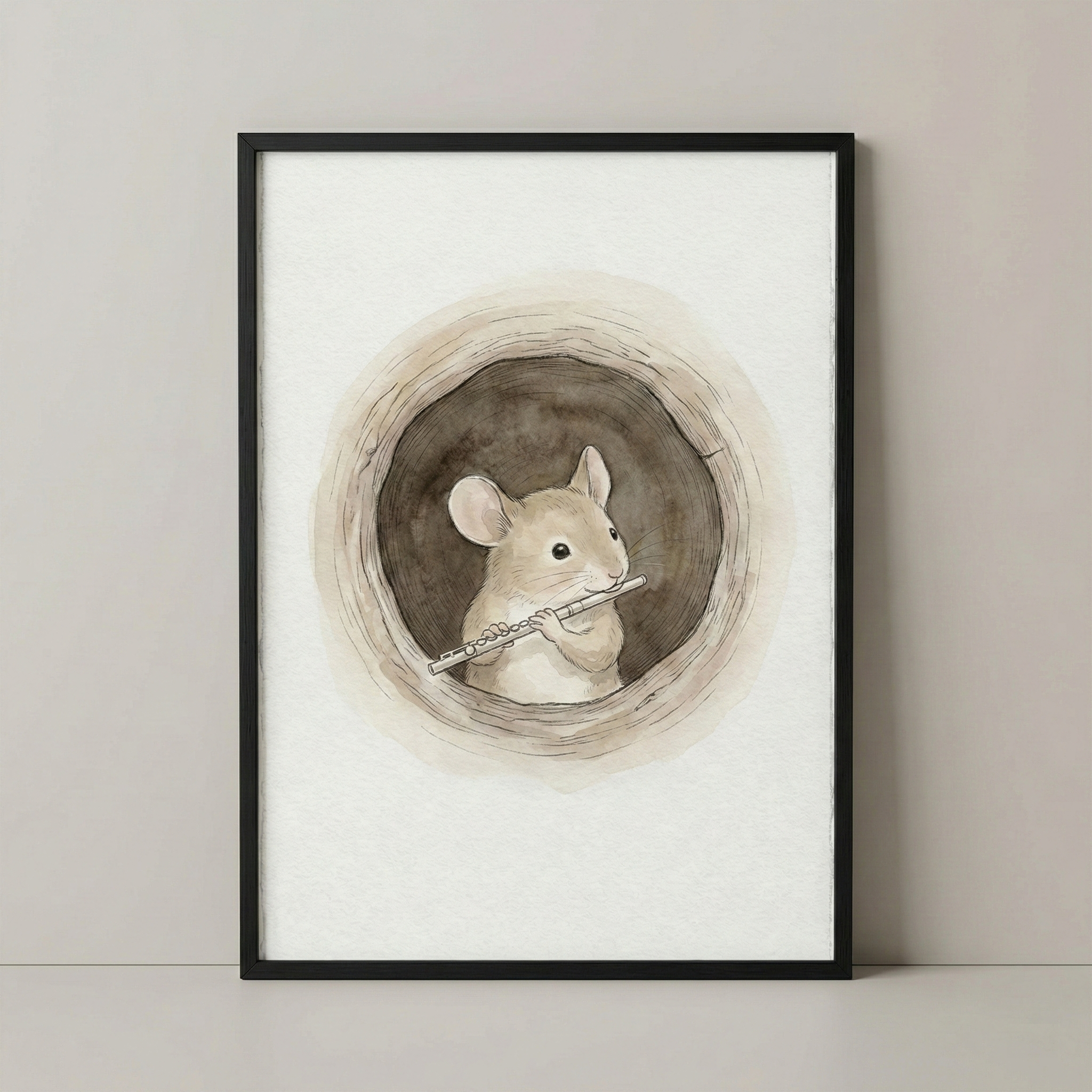 A framed watercolor illustration of a charming mouse playing a flute, peeking out from a circular wooden hole, set against a plain wall.