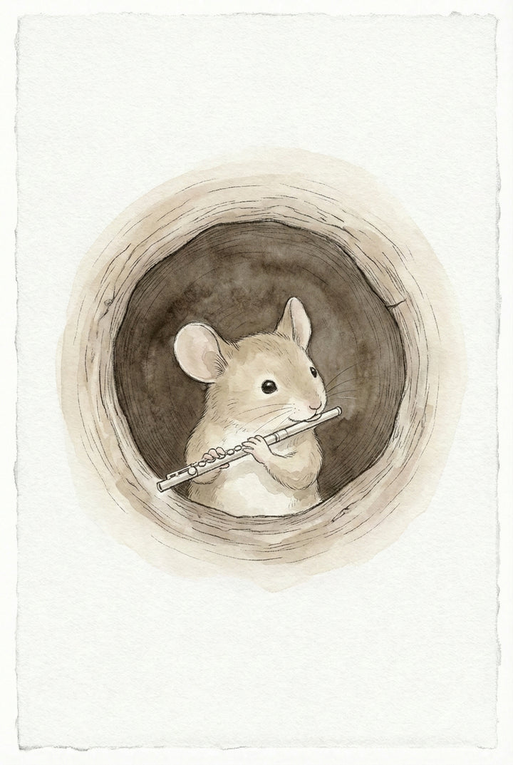 A whimsical watercolor and ink illustration depicts a small, light-brown mouse peeking out from a circular hole in a piece of wood. The mouse has large round ears and dark, expressive eyes, and it is holding a tiny, detailed silver flute as if playing a tune. The surrounding wood features soft, circular grain patterns in muted earth tones. The central circular composition is set against a plain, off-white textured background, creating a gentle and cozy storybook aesthetic.