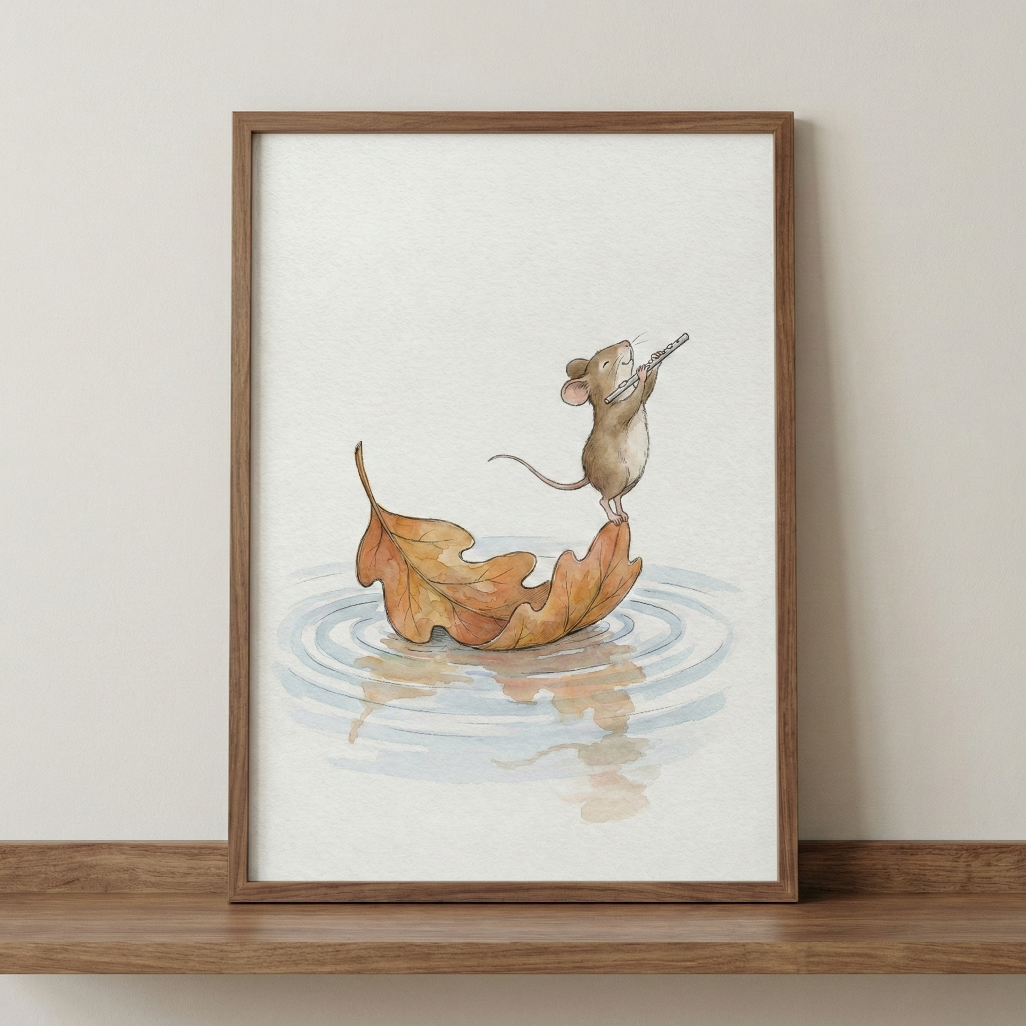 A framed watercolor-style illustration of a small brown mouse standing on the tip of a curled, dry oak leaf. The mouse is playing a tiny flute. The leaf floats on water, creating gentle blue ripples. The piece is set within a simple wooden frame resting on a wooden ledge against a light wall.