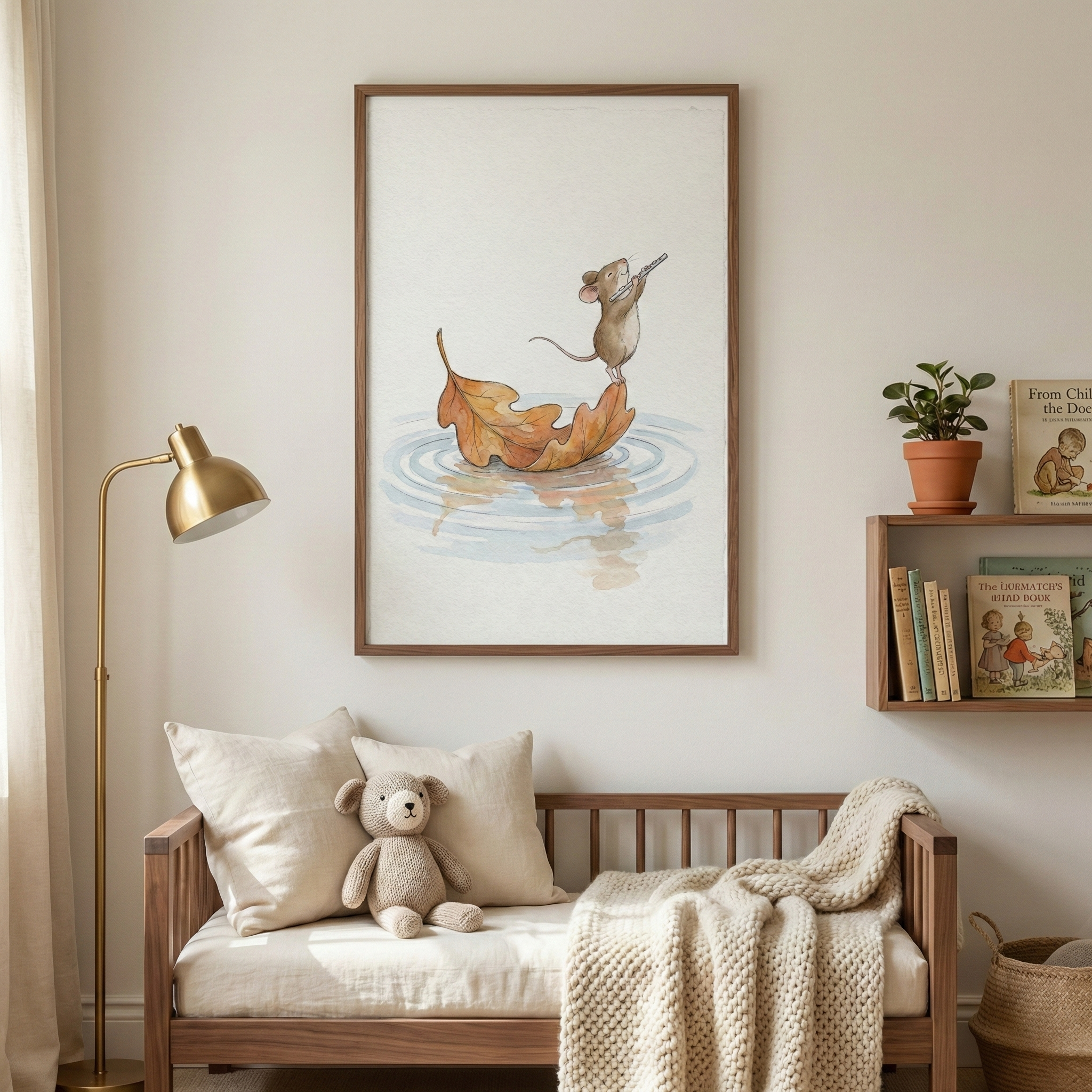 A cozy nursery scene features a framed vertical illustration on a neutral wall. The artwork shows a tiny brown mouse standing on a dried autumn leaf floating on water, playing a small flute. Below the art is a wooden daybed with light-colored pillows, a small plush bear, and a textured knit blanket. A tall gold floor lamp stands to the left, and a wooden shelf with a small potted plant and books is on the right. Soft, warm light fills the room.