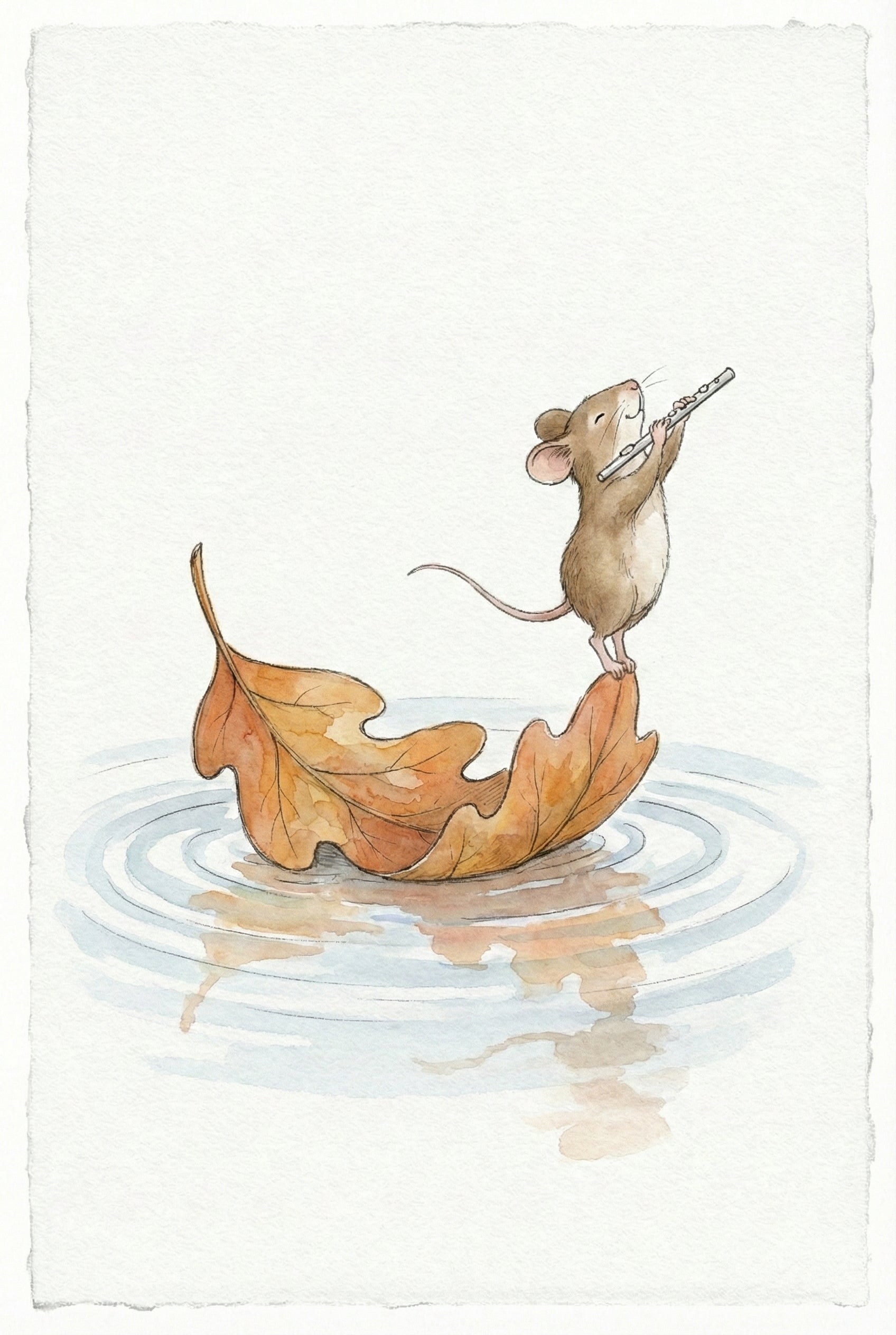 A watercolor illustration of a small brown mouse standing on the curled edge of a large, dry autumn leaf. The mouse is playing a tiny silver flute with its eyes closed. The leaf floats on a calm water surface, creating gentle blue ripples and a soft reflection. The scene is set against a plain, off-white textured background, conveying a sense of peace and whimsy.