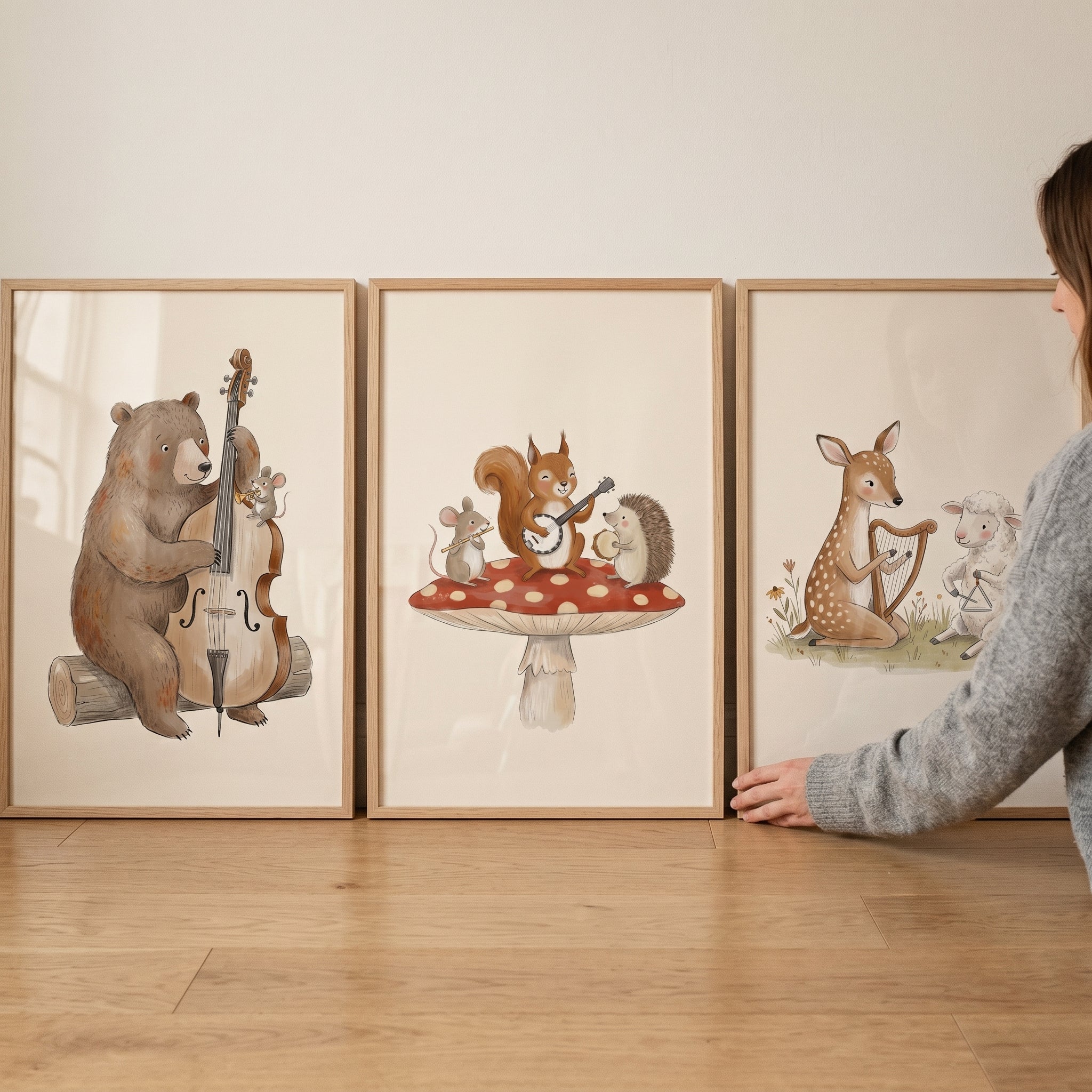 Watercolor Musical Woodland Animal Wall Art Set Of 3 - Whimsical Animal Orchestra
