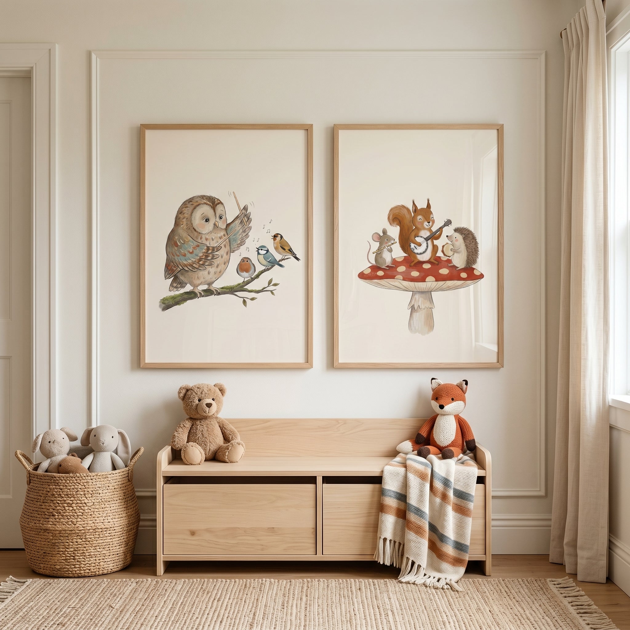 Watercolor Musical Woodland Animals Wall Art Set Of 2 - Nature's Little Symphony