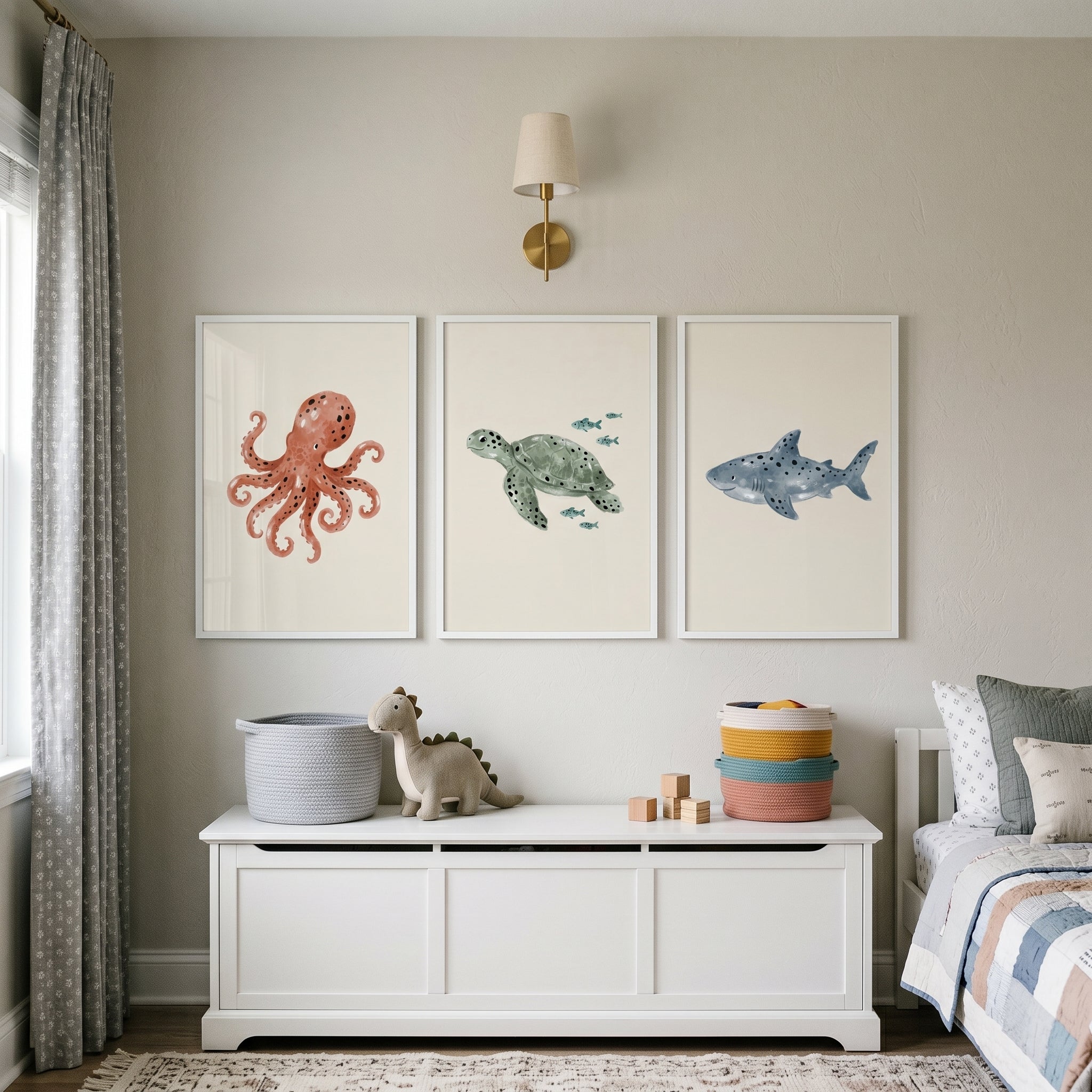 Watercolor Muted Sea Creature Wall Art Set of 3 - Ocean Friends Trio
