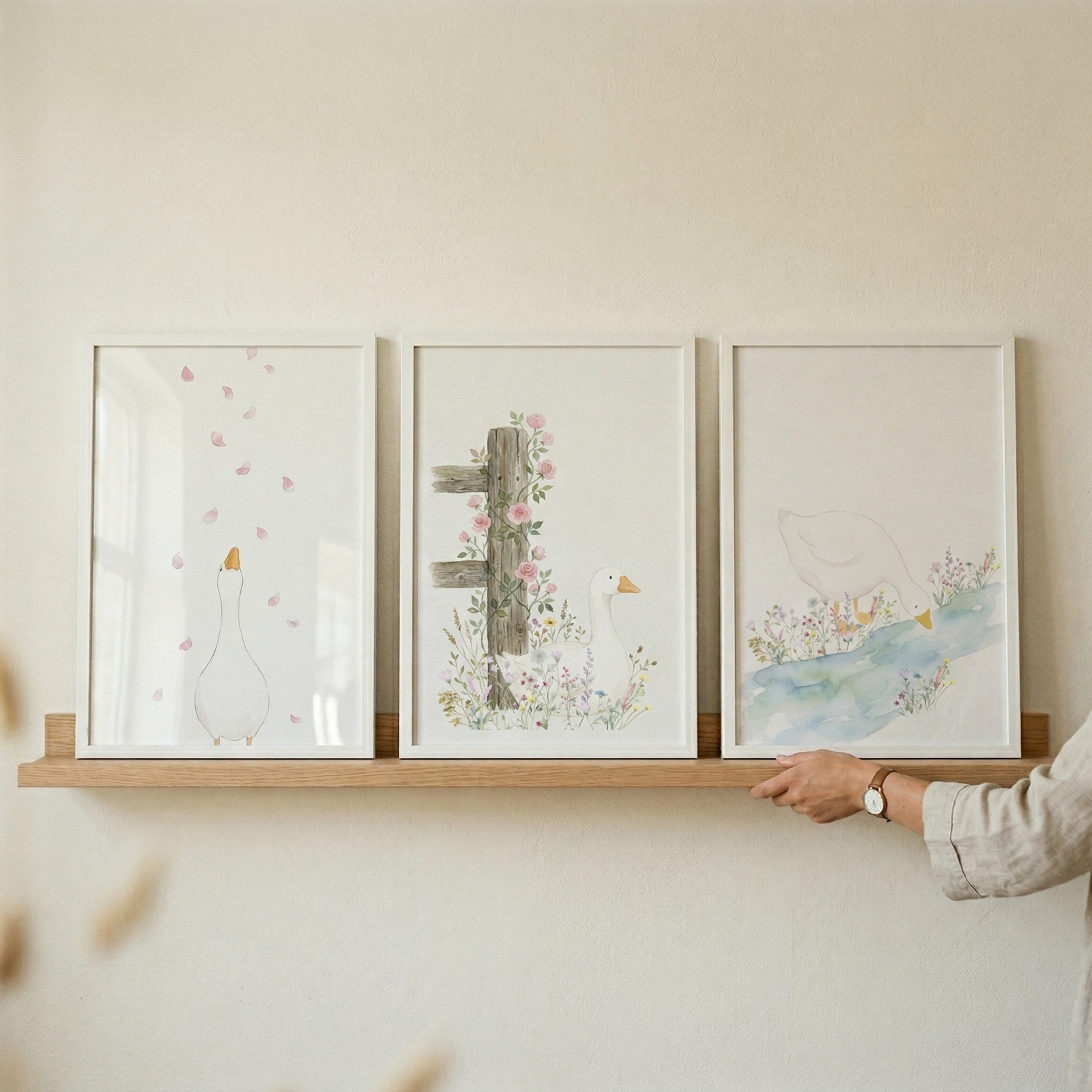 Three framed watercolor illustrations of white ducks arranged on a wooden shelf one looking up at falling pink petals one standing beside a rustic post with flowers and one drinking from a gentle stream. A hand adjusts the frame adding a styled real life touch to the soft nature inspired nursery display.