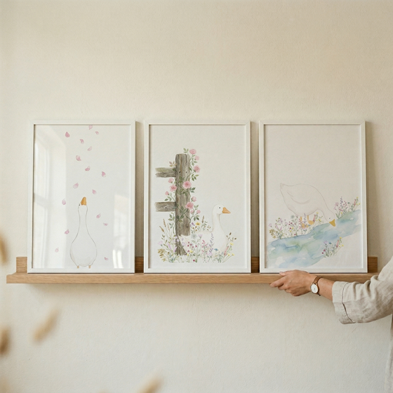 Three framed watercolor illustrations of white ducks arranged on a wooden shelf one looking up at falling pink petals one standing beside a rustic post with flowers and one drinking from a gentle stream. A hand adjusts the frame adding a styled real life touch to the soft nature inspired nursery display.