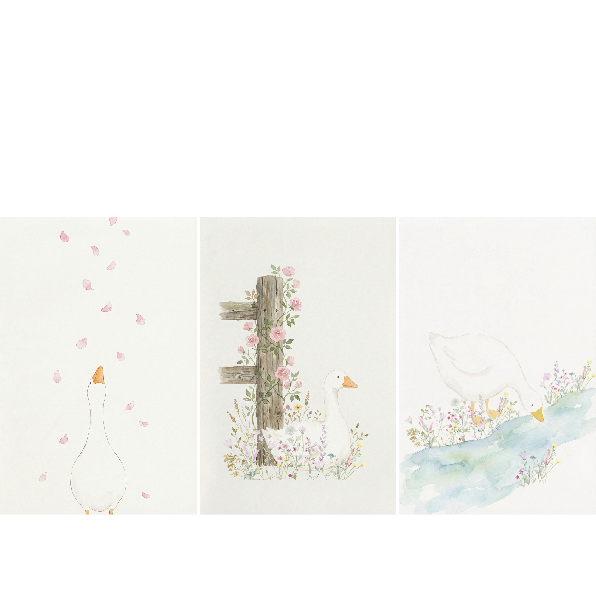 Watercolor Nature White Goose Wall Art Set of 3 - Gentle Meadow Goose