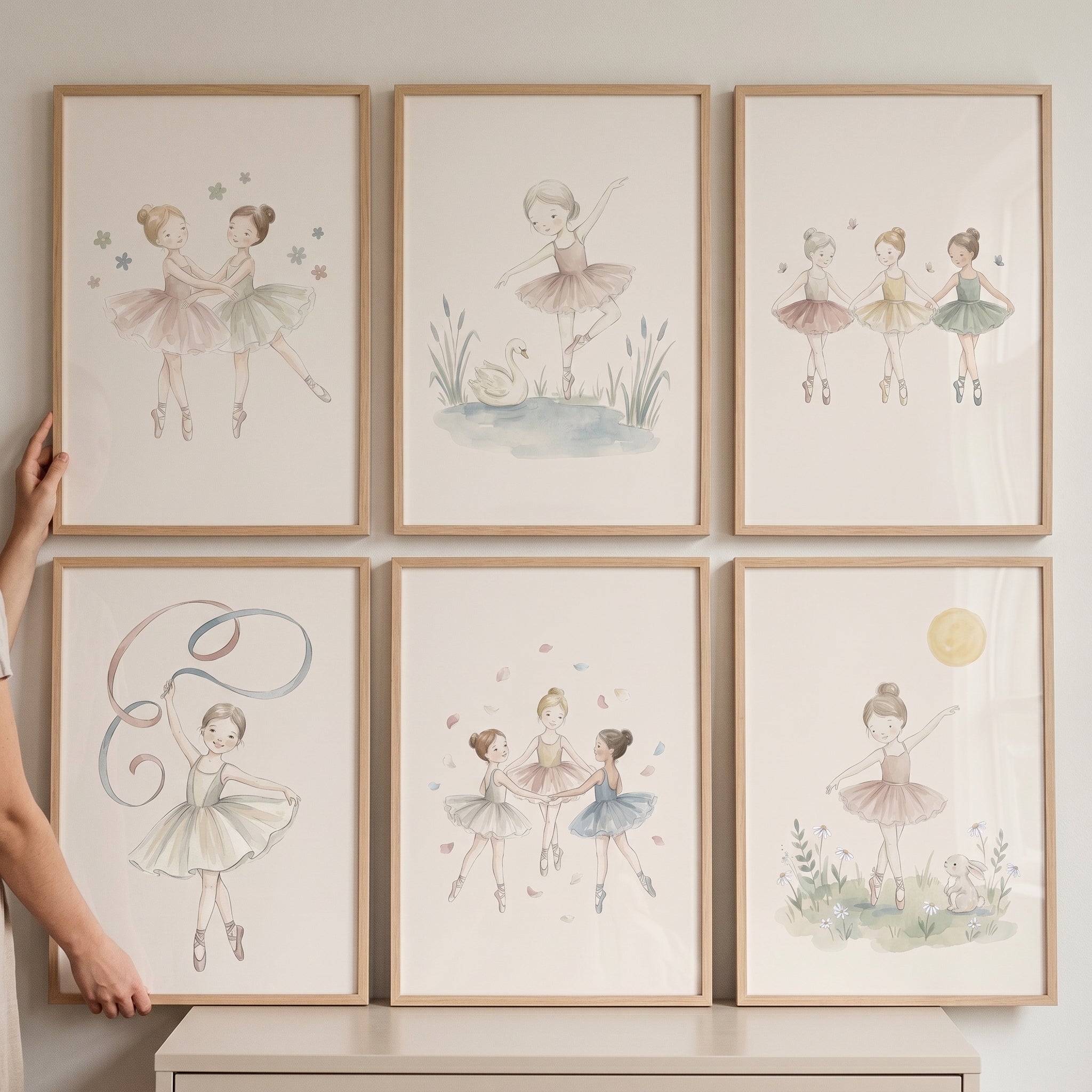 Watercolor Neutral Girl Ballerina Wall Art Set of 6 - Whimsical Ballet Dancers