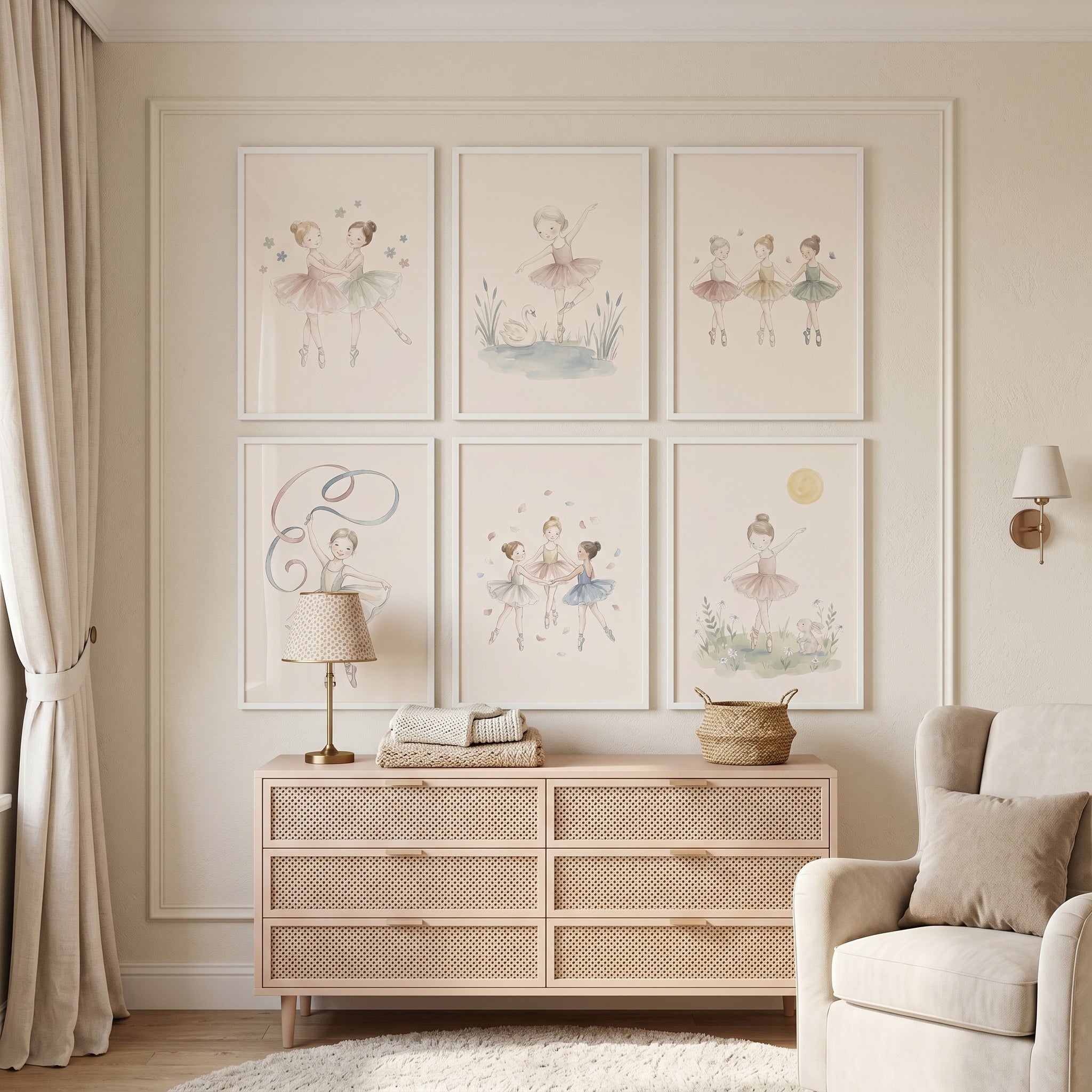 Watercolor Neutral Girl Ballerina Wall Art Set of 6 - Whimsical Ballet Dancers