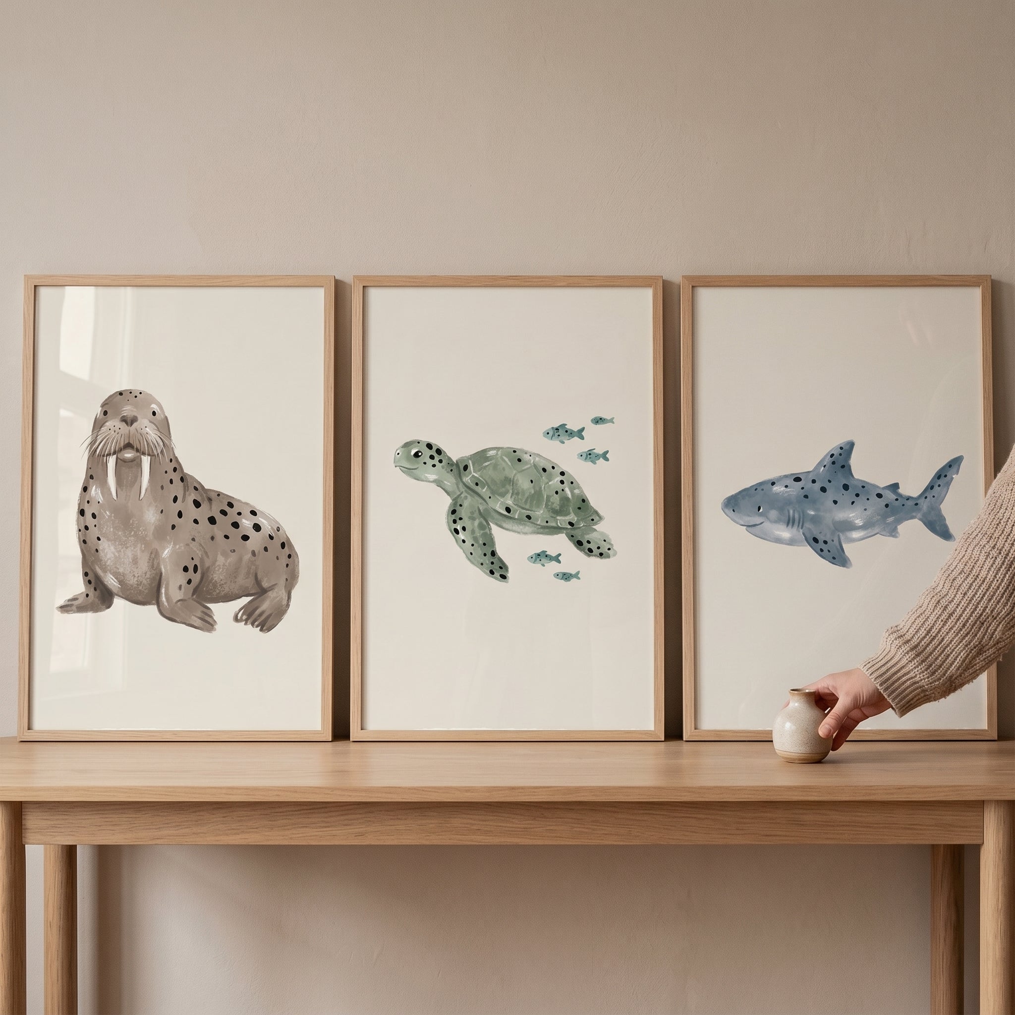 Watercolor Neutral Sea Animals Wall Art Set of 3 - Ocean Animal Trio