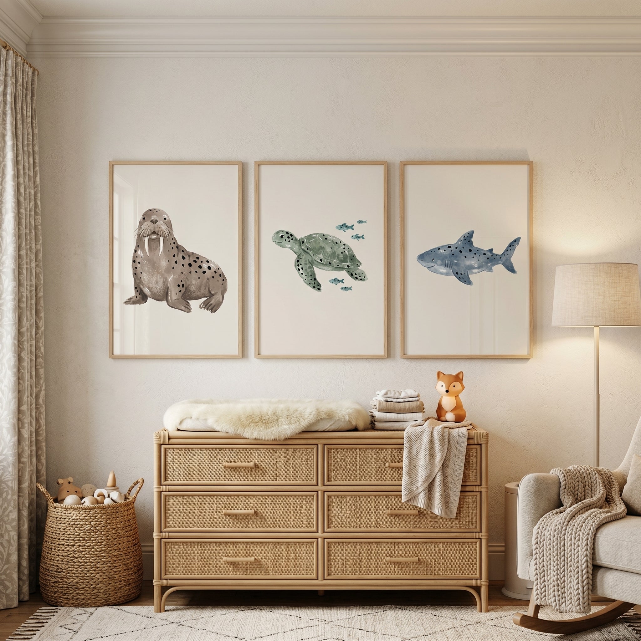Watercolor Neutral Sea Animals Wall Art Set of 3 - Ocean Animal Trio