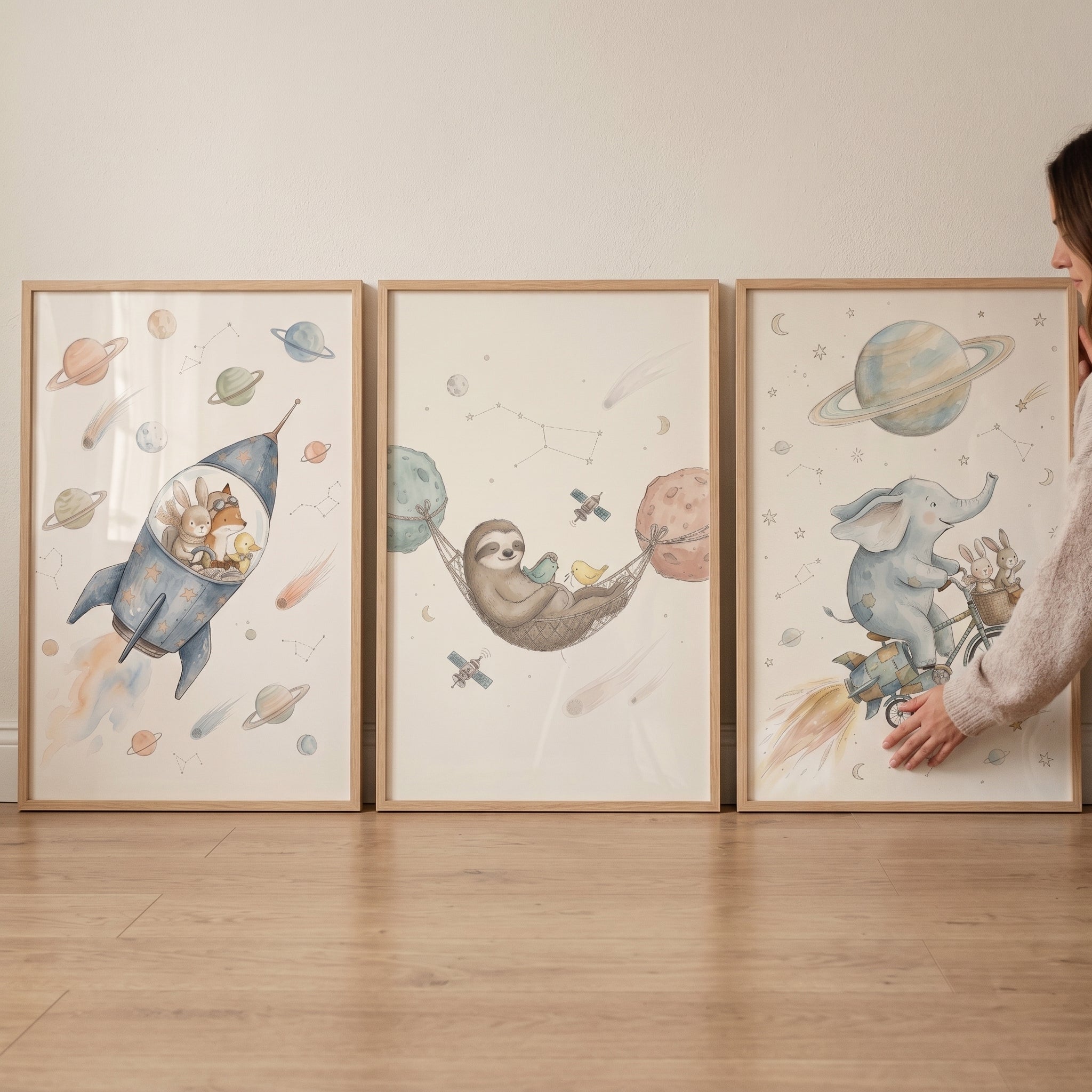 Watercolor Neutral Space Animals Wall Art Set of 3 - Cosmic Animal Voyage