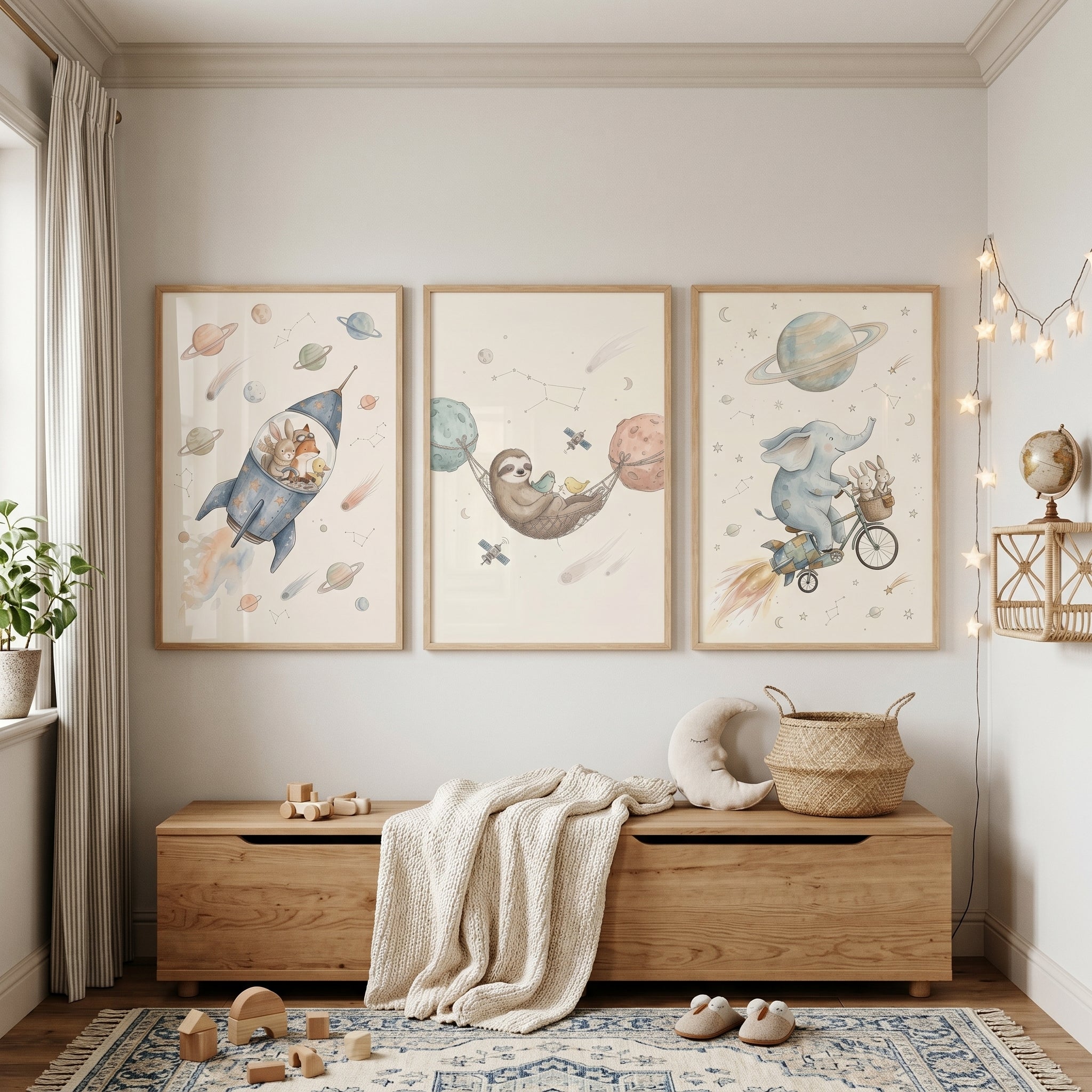 Watercolor Neutral Space Animals Wall Art Set of 3 - Cosmic Animal Voyage