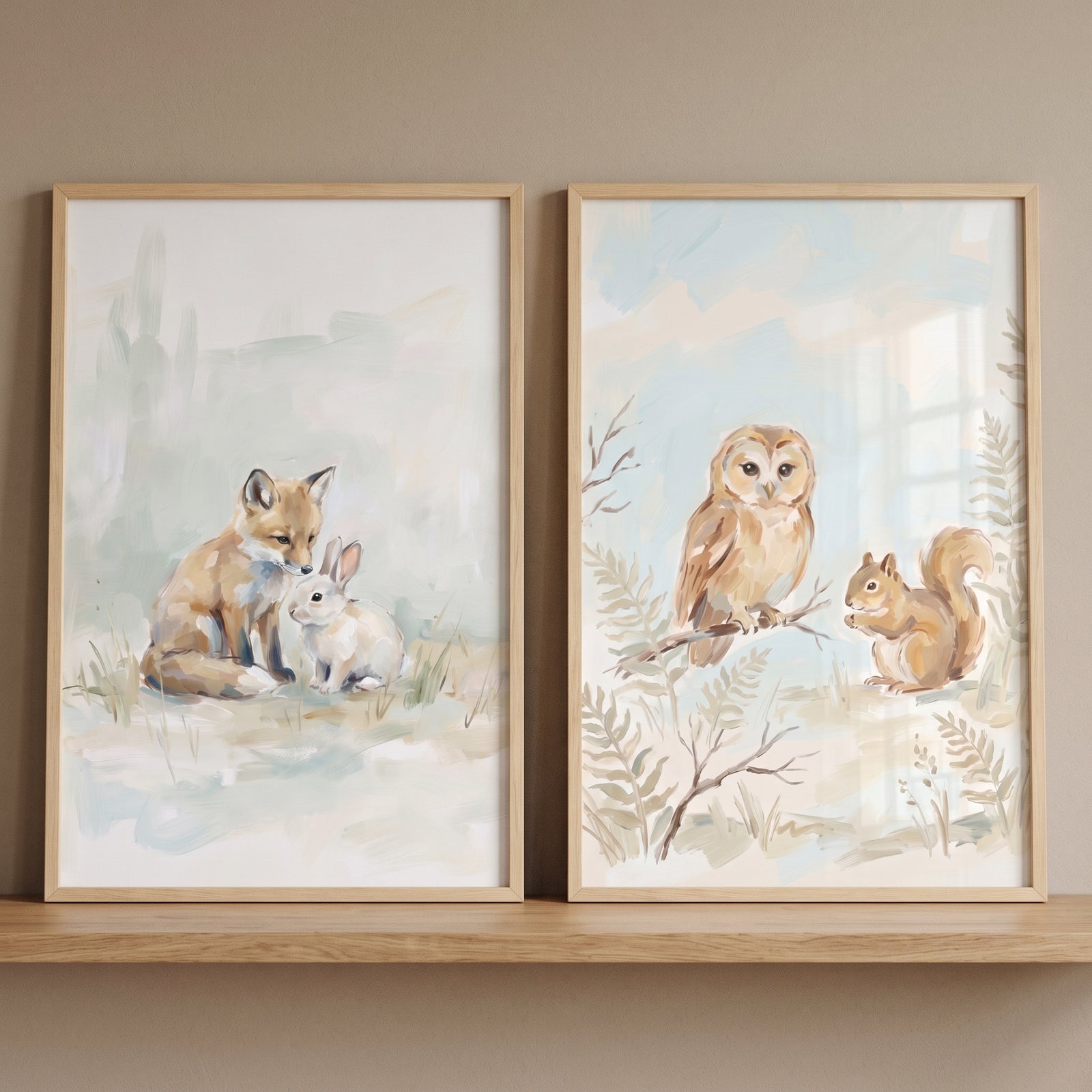 Watercolor neutral woodland animals wall art set of 2 featuring a fox, rabbit, owl, and squirrel in light wood frames.