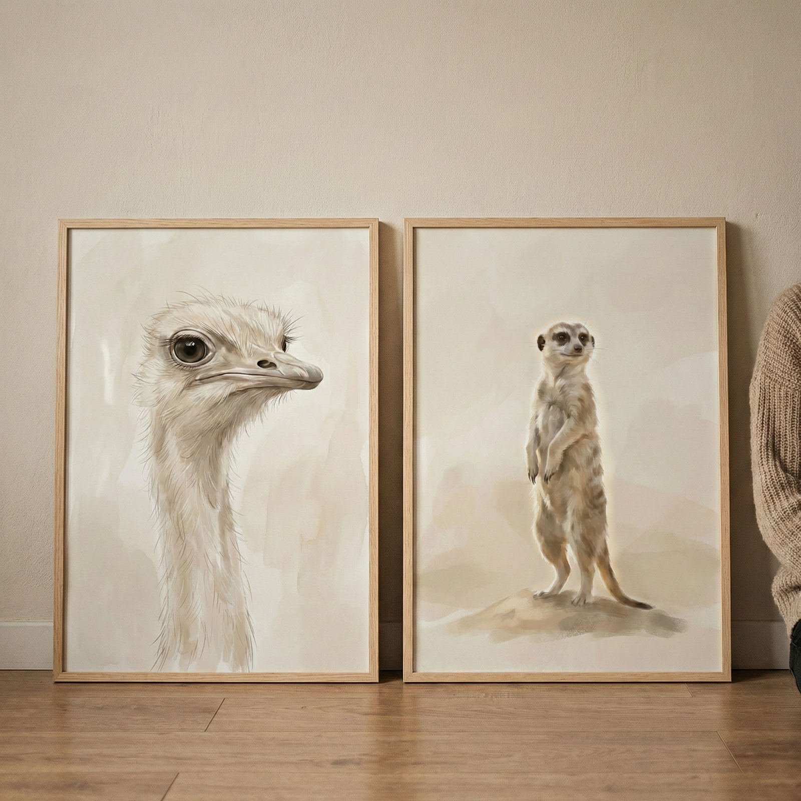Two vertical light wood frames rest side-by-side on a wooden floor against a neutral wall. The left frame contains a soft-toned illustration of an ostrich's head and neck in profile, featuring a large dark eye and delicate textures. The right frame displays an illustration of a meerkat standing alert on its hind legs. Both pieces are rendered in a minimalist style with a muted color palette of cream, beige, and gray. A small portion of a beige knit sweater is visible on the far right edge.