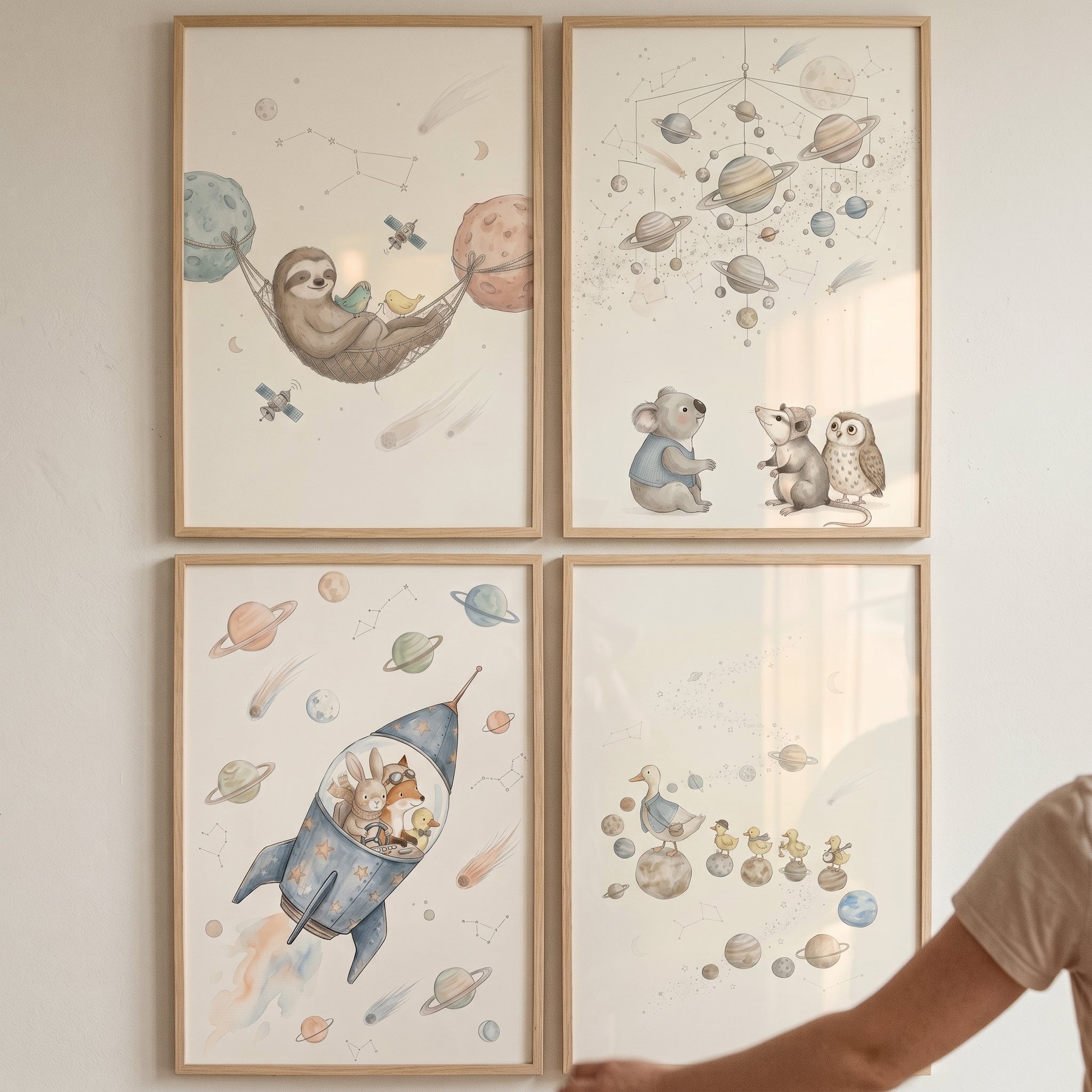 Watercolor Outer Space Animals Wall Art Set of 4 - Little Cosmic Explorers