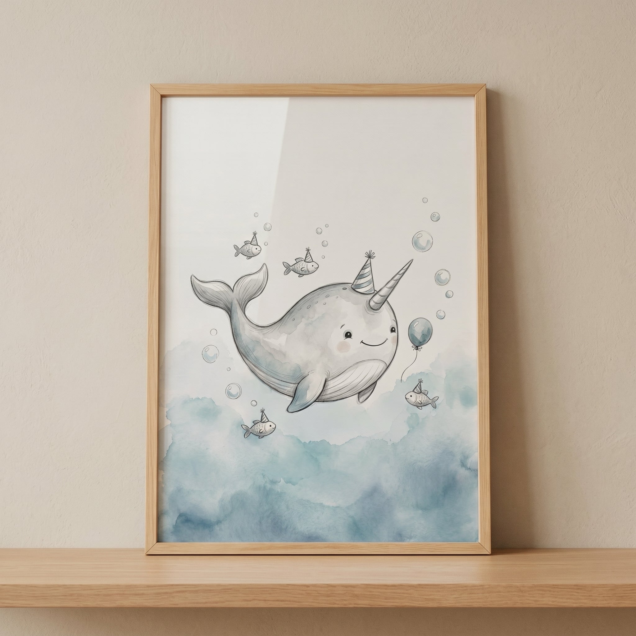 Watercolor Party Hat Narwhal Wall Art - Narwhal Party Time