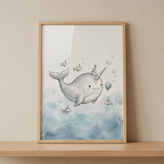 Framed watercolor party hat narwhal wall art with a smiling narwhal, tiny fish, and bubbles above a soft blue sea.