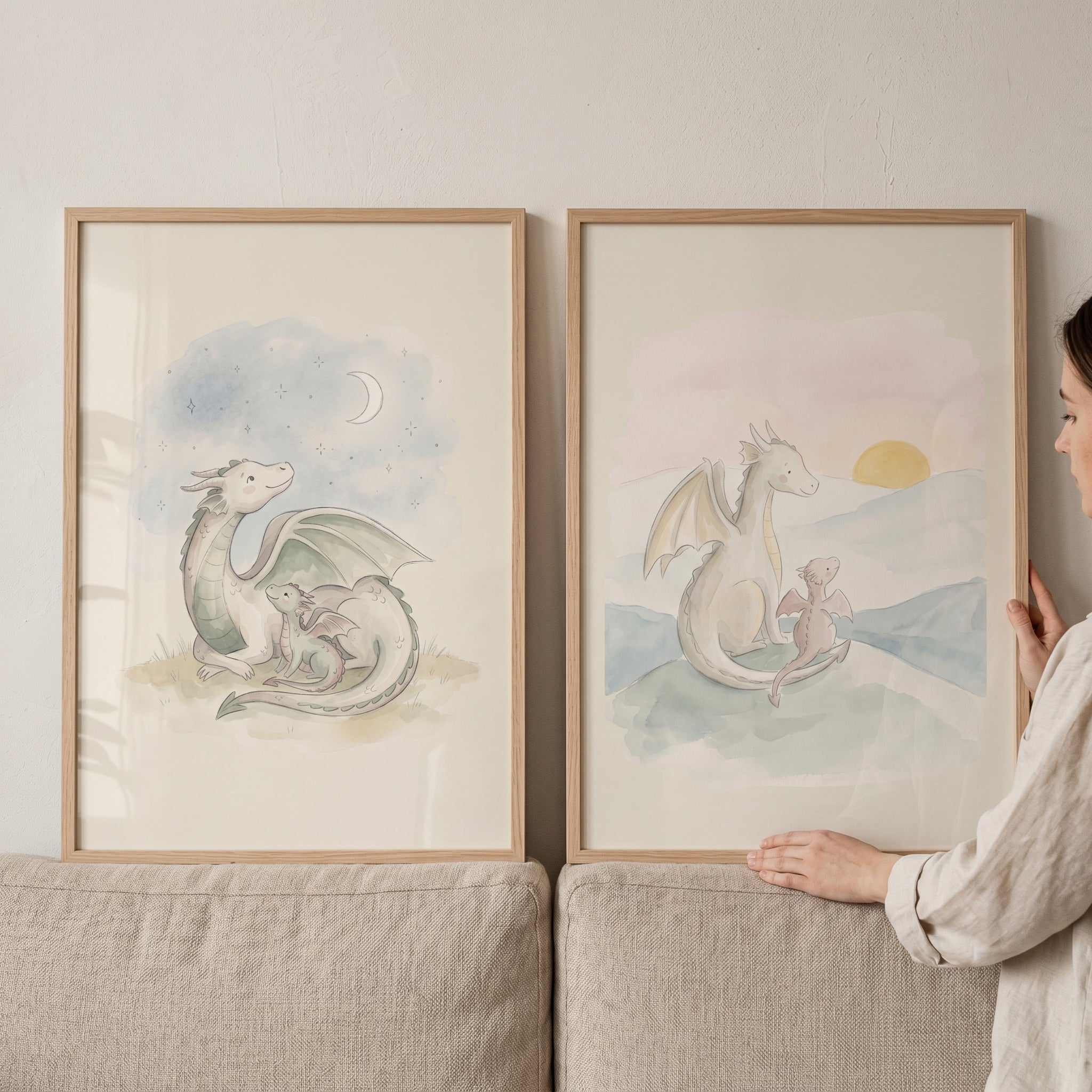 Watercolor Pastel Dragon Duo Wall Art Set of 2 - Whimsical Dragon Duo