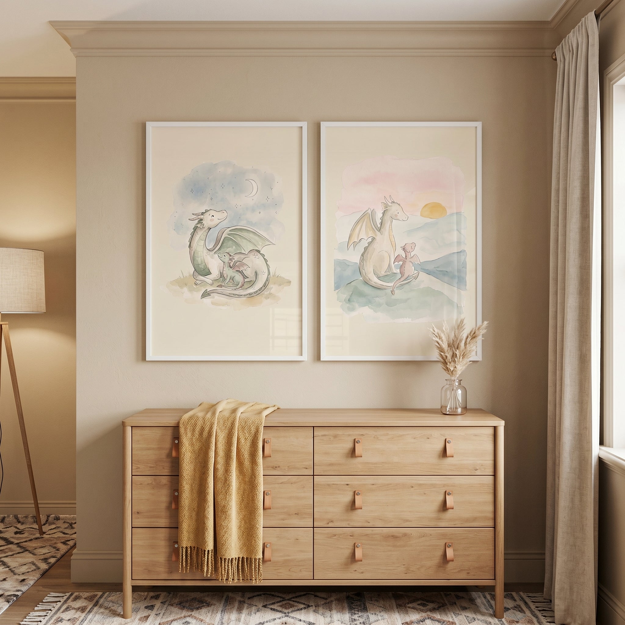 Watercolor Pastel Dragon Duo Wall Art Set of 2 - Whimsical Dragon Duo