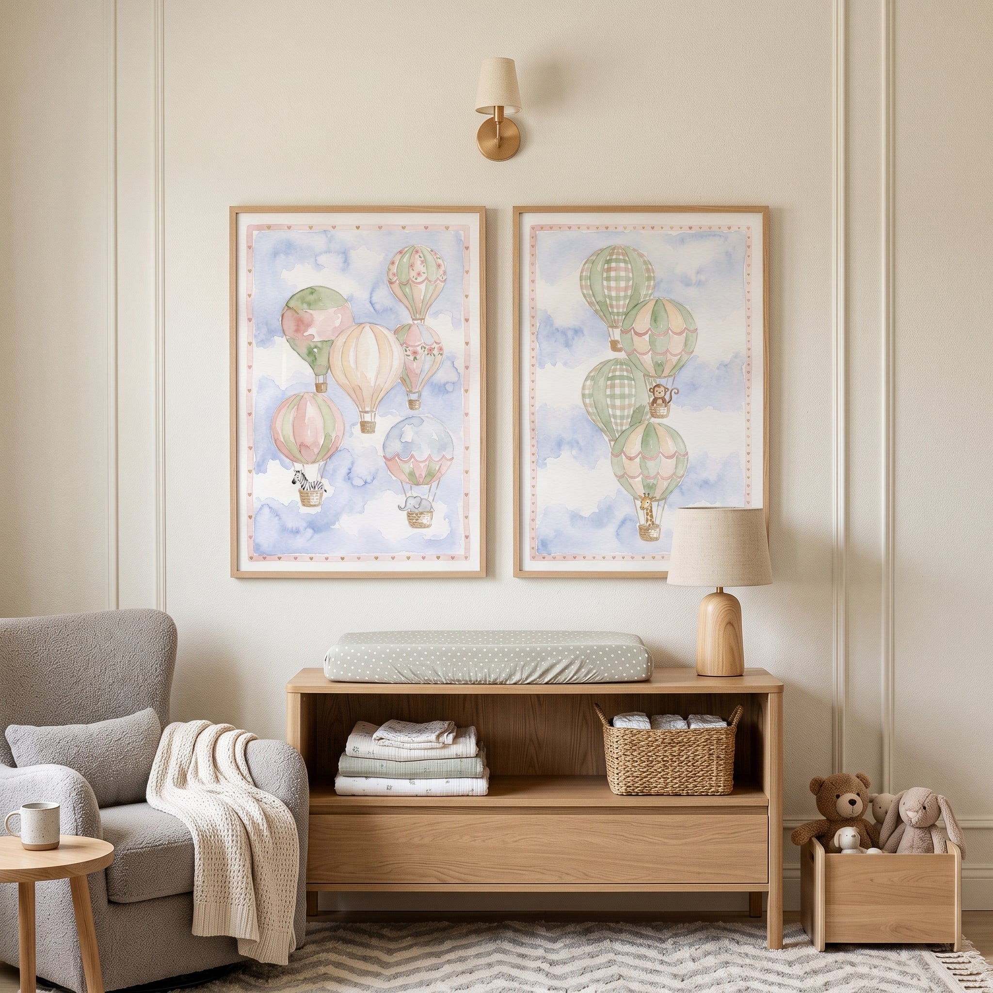 Watercolor Pastel Sky Balloon Wall Art Set Of 2 - Dreamy Sky Safari