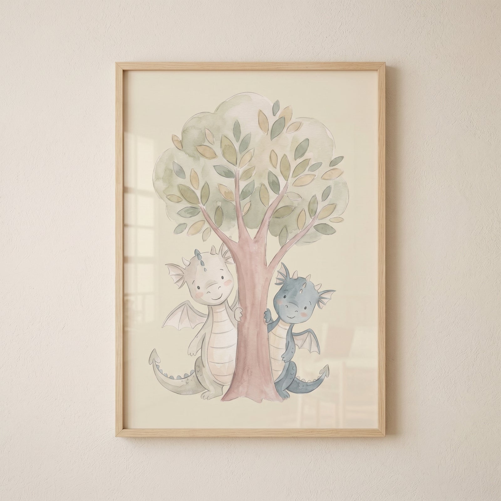 Two cute dragons peeking from behind a tree in a framed watercolor pastel tree dragon wall art.