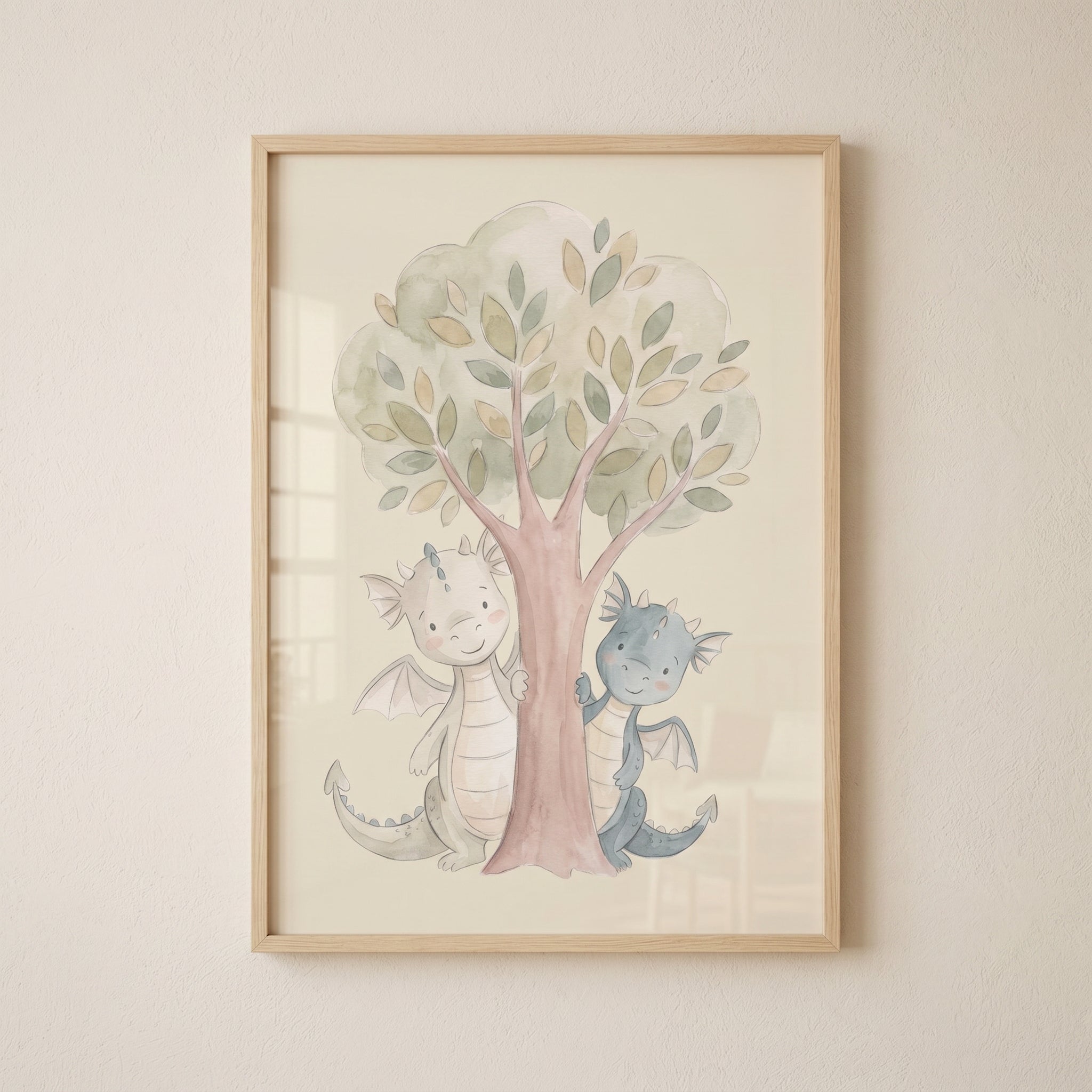 Watercolor Pastel Tree Dragon Wall Art - Whimsical Forest Dragons