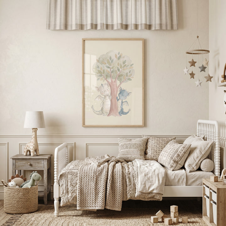 Neutral child's room with a spindle bed, giraffe lamp, and watercolor pastel tree dragon wall art.