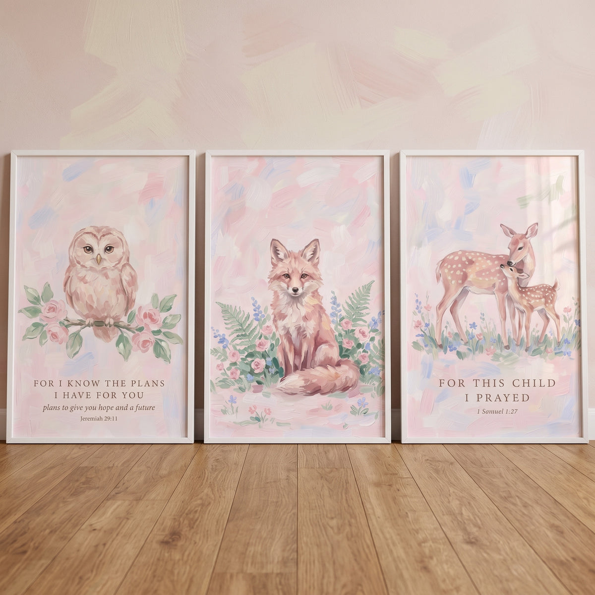Watercolor Pastel Woodland Animals Wall Art Set of 3 - Soft Woodland Blessings