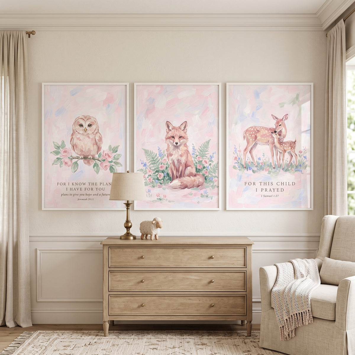 Watercolor Pastel Woodland Animals Wall Art Set of 3 - Soft Woodland Blessings