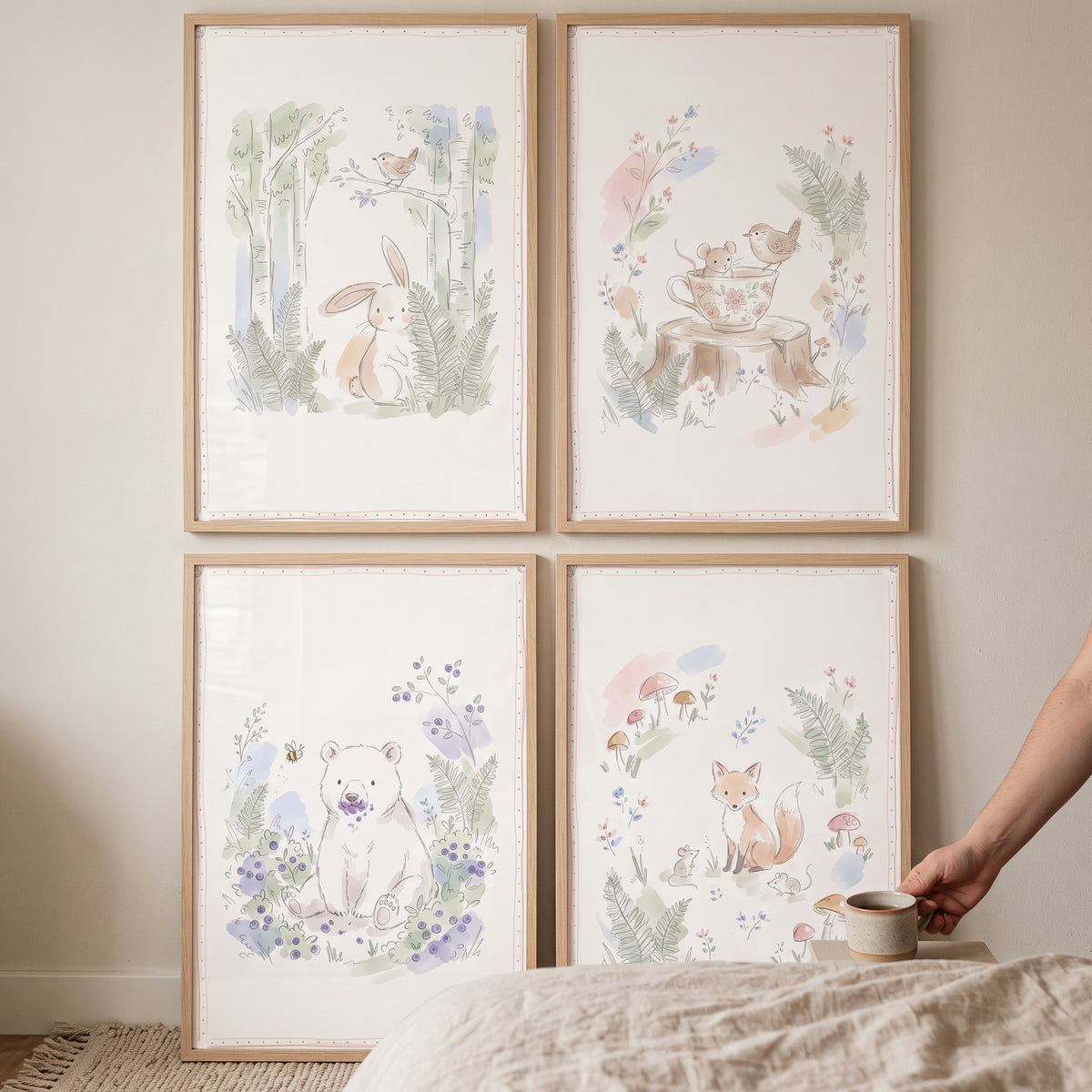 Watercolor pencil woodland animal wall art set of 4 featuring a rabbit, bear, fox, and birds in soft pastel tones.