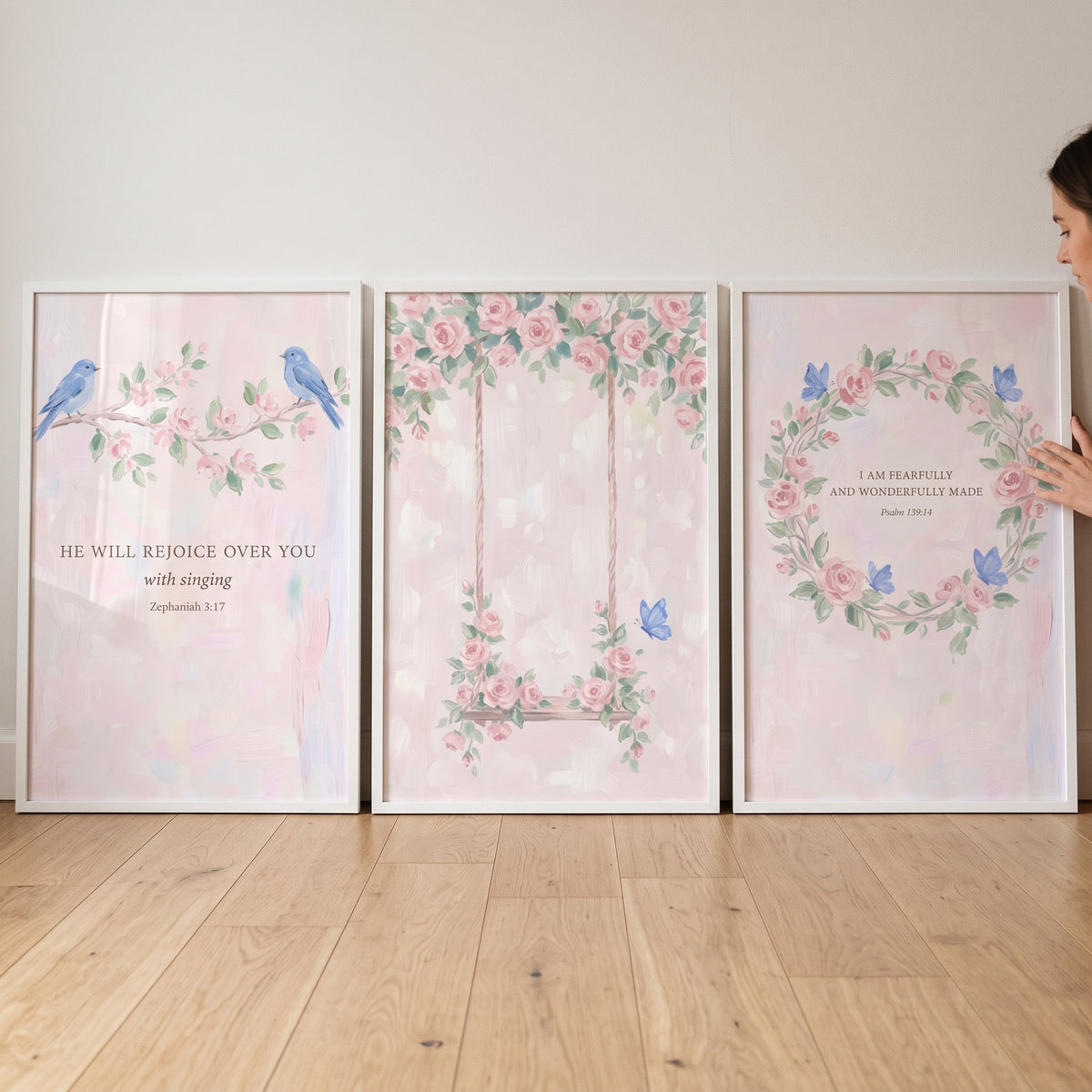 Watercolor pink bloom rose wall art set of 3 with bluebirds, a swing, and scripture verses on a light pink background.