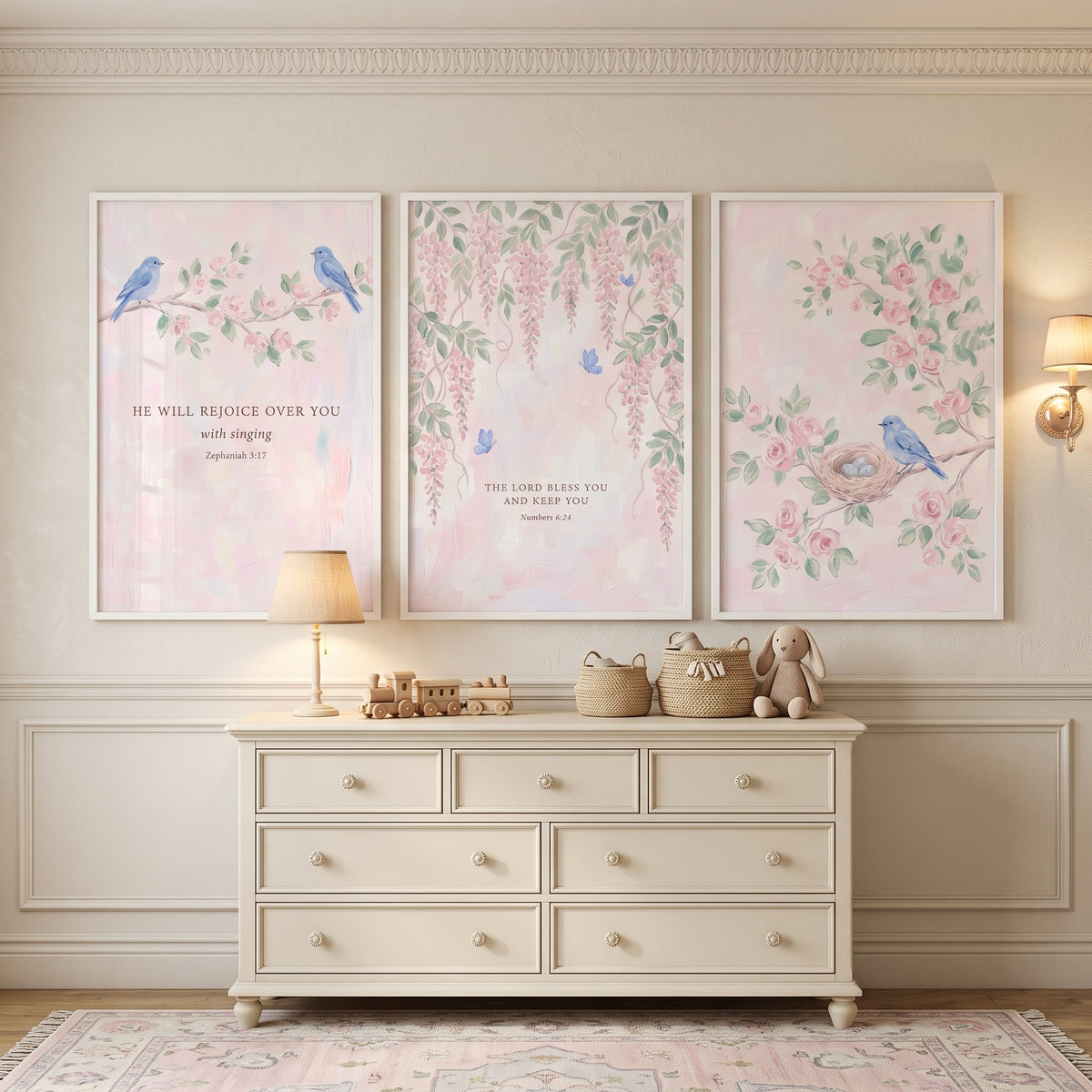 Watercolor Pink Blossom Bird Wall Art Set of 3 - Blessed Floral Song