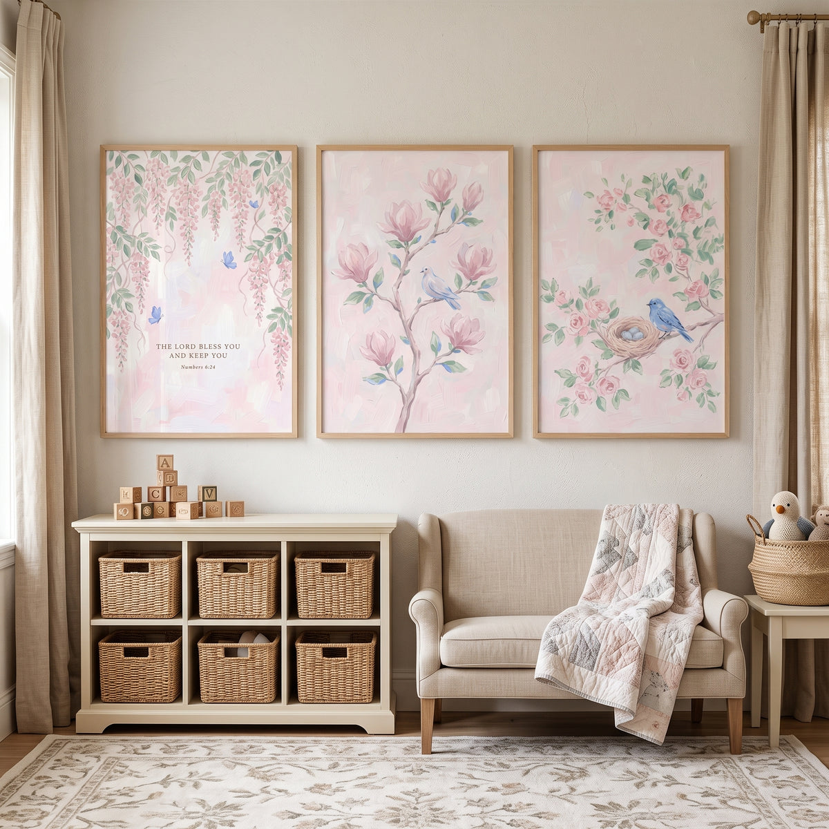Watercolor Pink Blue Bird Wall Art Set Of 3 - Spring Rejoice Trio