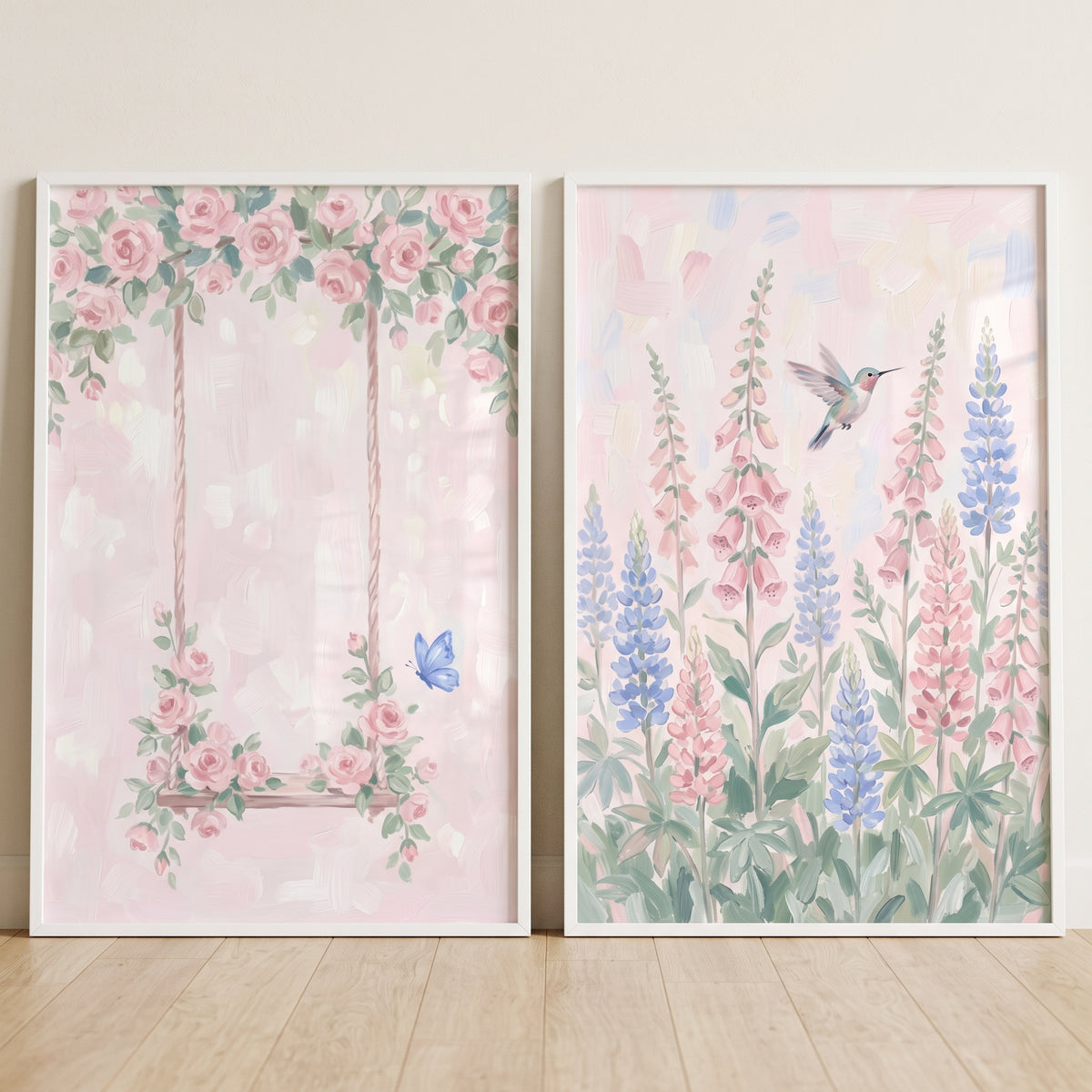 Watercolor Pink Blue Garden Wall Art Set Of 2 - Whimsical Floral Haven
